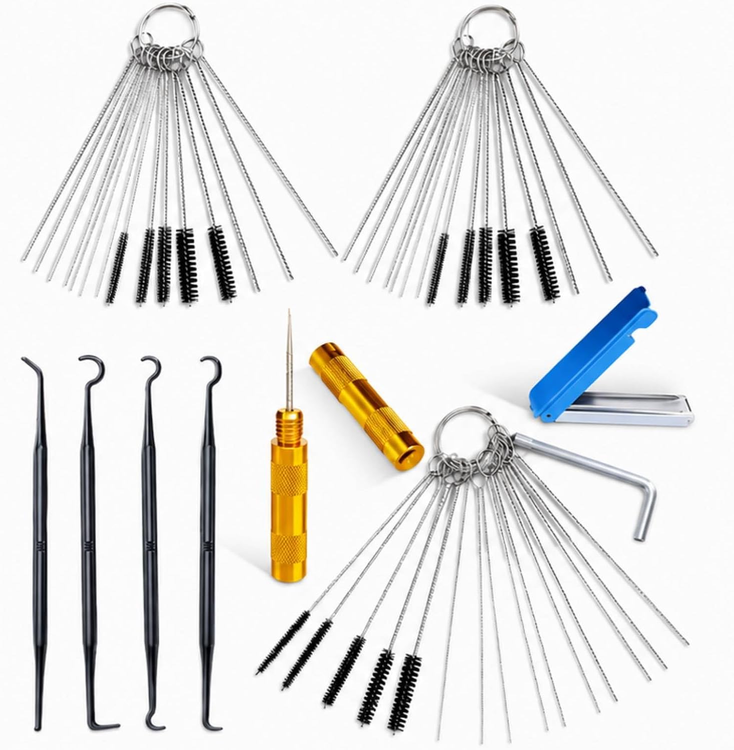 56 Pcs Carburetor Cleaning Kit – 30 Cleaning Needles, 15 Nylon Brushes, Stainless Steel Jet Box, Hex Wrench, Scraper, Plastic Box, 3 Double-headed Brush, 4 Pcs Hooks for Auto Motorcycle