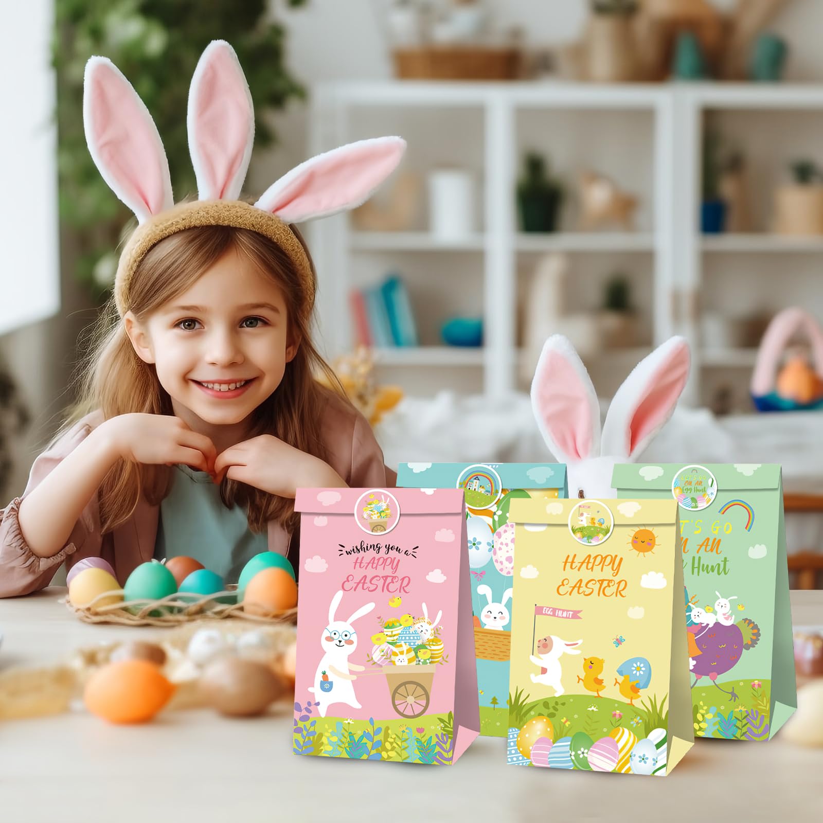 12 Sacchetti Regalo Pasqua Per Bambini – Coniglietti, Uova E Pulcini, Con Mollette In Legno, Corda E Adesivi – Fai Da Te - 4