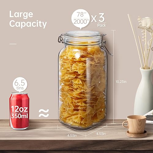 Miniatura 2 de Paquete de 3 tarros cuadrados de vidrio de 78 onzas con tapa hermética, tarros Mason de boca ancha con tapas de abrazadera, recipientes de vidrio