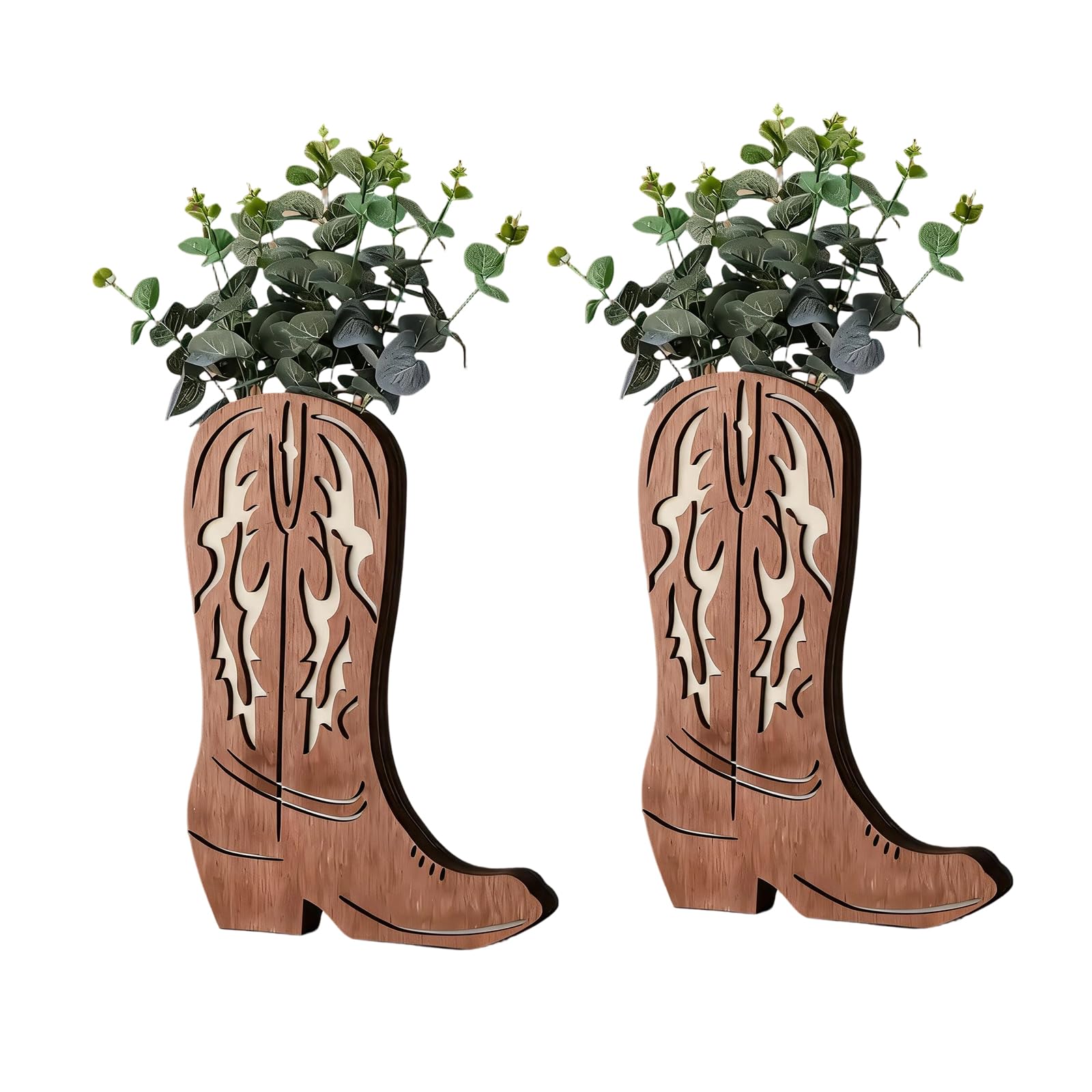 Carved Wood Cowboy Boot Vases, Set of 2 Western Flower Holder Decor Pieces for Tabletop Centerpieces, Shelf Display, and Faux Greenery Arrangements Western Vase Decor Flower Holder Pair Shelf Accent