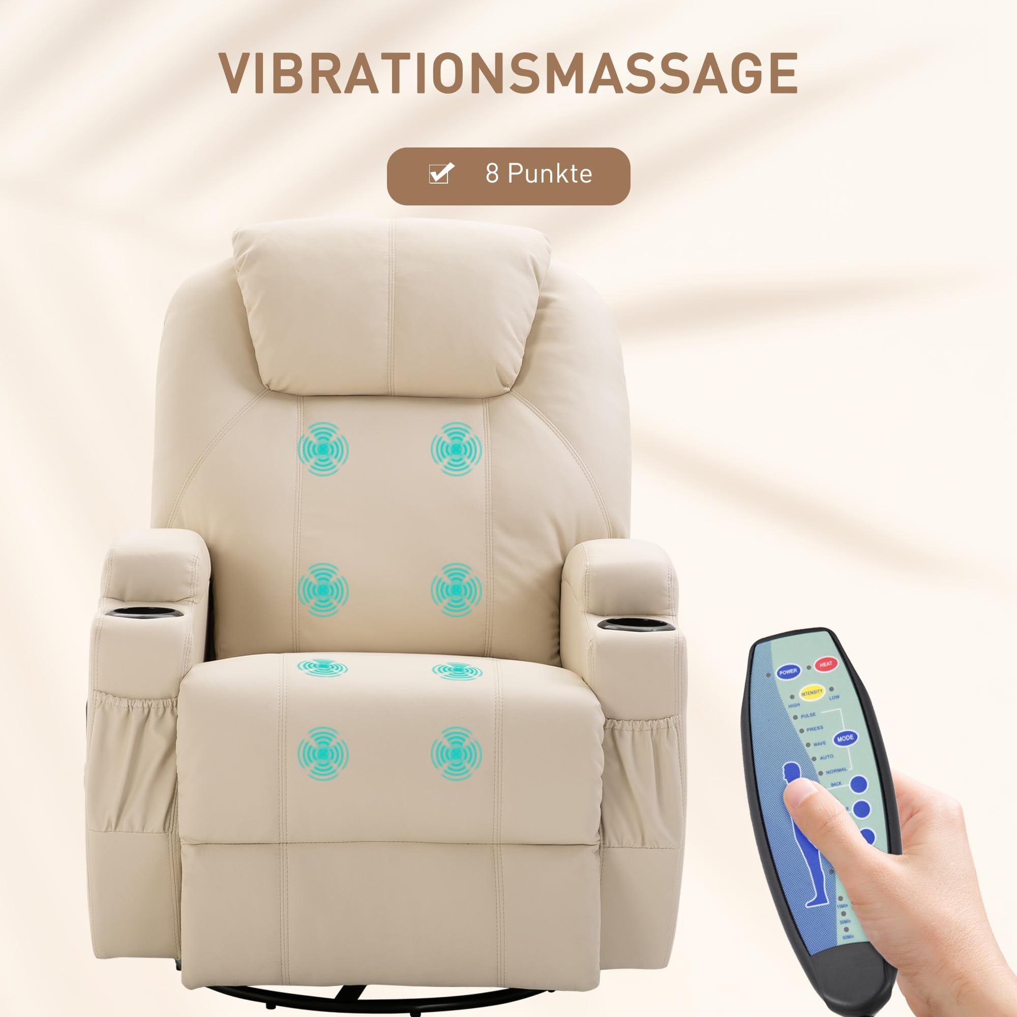 HOMCOM Relaxsessel Massagesessel mit Liegefunktion Vibration Cremeweiß | Fernsehsessel, Fußteil, Seitentasche, TV Sessel, Liegesessel, Ruhesessel, für Wohnzimmer