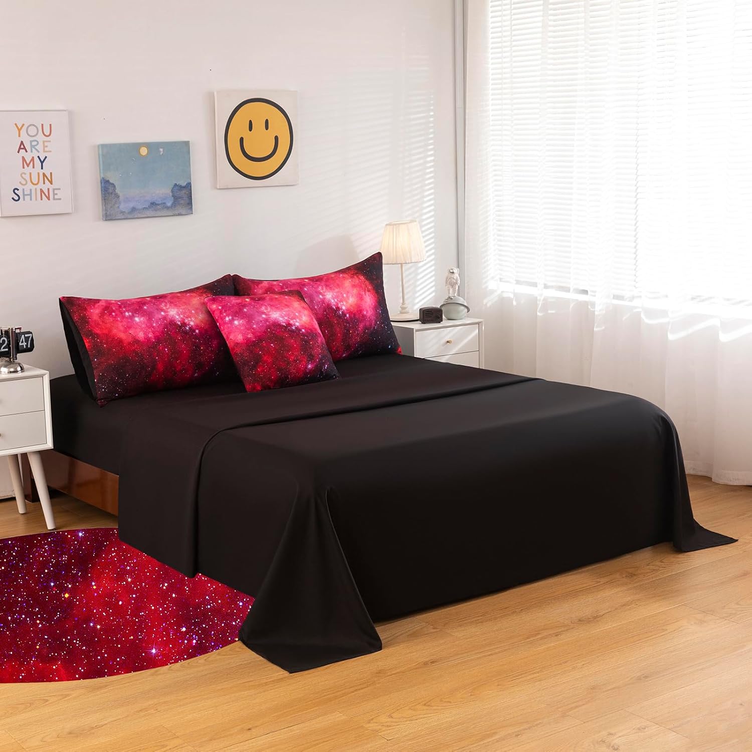6 Pcs Red Galaxy Comforter Set Twin Size for Kids Girls Teen, Starry Night Sky Space Bedding Sets Twin Bedroom Decor (1 Comforter, 1 Flat Sheet, 1 Fitted Sheet, 1 Cushion Cover, 2 Pillowcases)