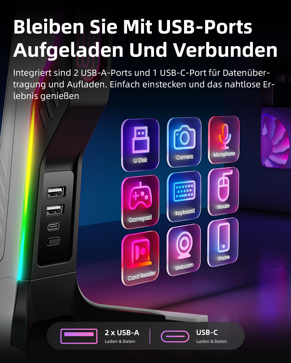 RGB-Gaming-Headset-Ständer mit 2 USB- und 1 Typ-C-Anschlüssen, Spiel-Kopfhörer-Halterung für PC, Xbox One, Xbox Serie S/X, PS5, PS4, Kopfhörer-Halterung, Schreibtisch-Gamer-Zubehör, Schwarz und