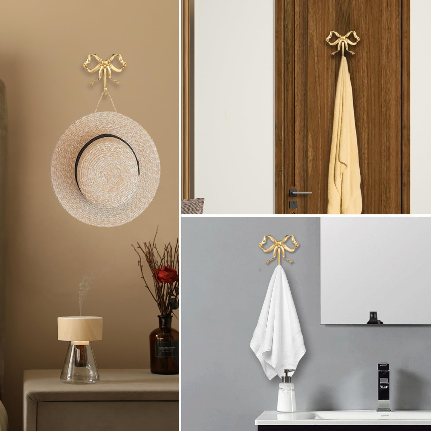 2 Pcs Gold Bow Wall Hooks - Elegant Brass Coat Hanger, Multi-Purpose Towel Hooks for Bathroom, Living Room & Kitchen - Elegant Gift for Home Decor (Gold 2L)