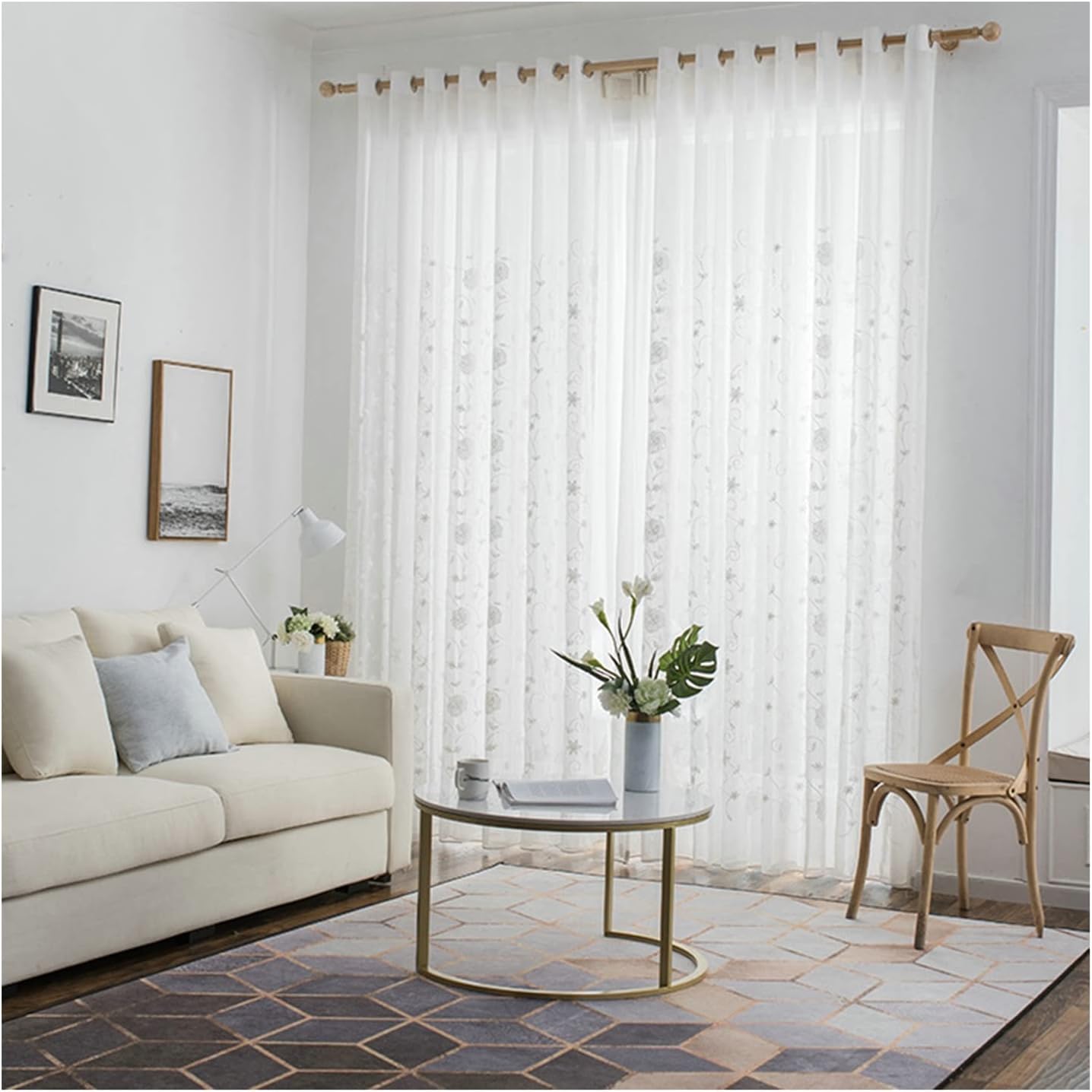 Daesar Decorative Curtain for Living Room 2 Panels, Sheer Voile Bedroom Curtains Eyelet Linen White Transparent Flowers Window Treatment Curtains 52" W x 72" L