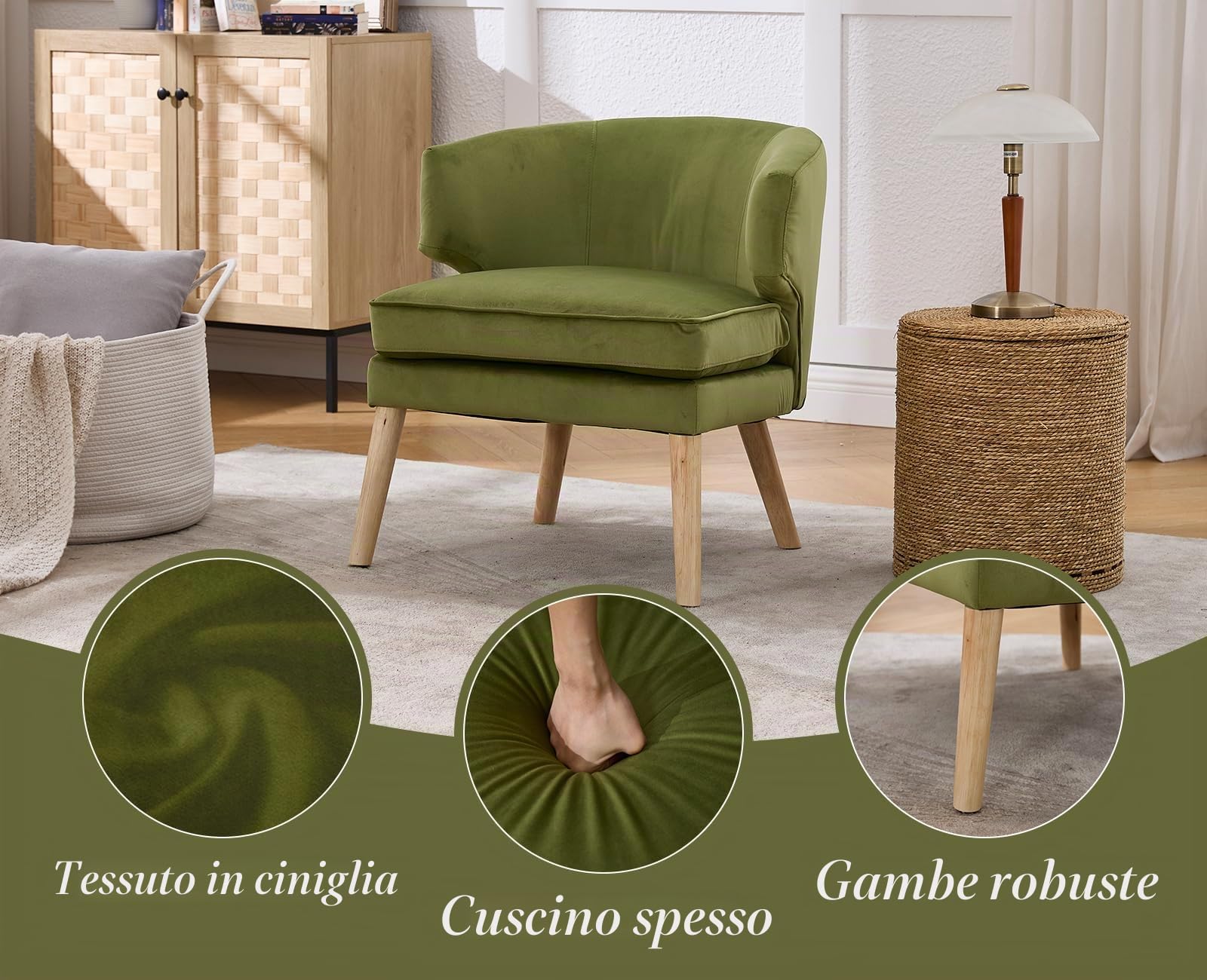 Sedia da lettura con gambe in legno in velluto, poltrona relax con doppio cuscino, per soggiorno, camera da letto, angolo lettura, verde