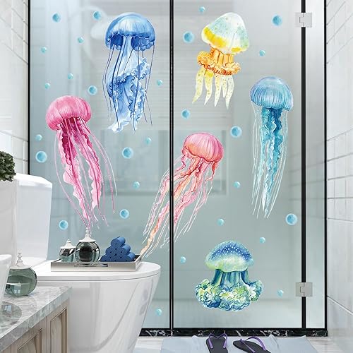 Miniatura 6 de Calcomanías de pared creativas de medusas coloridas debajo del mar, peces y animales, calcomanías de pared extraíbles con vista al océano, algas