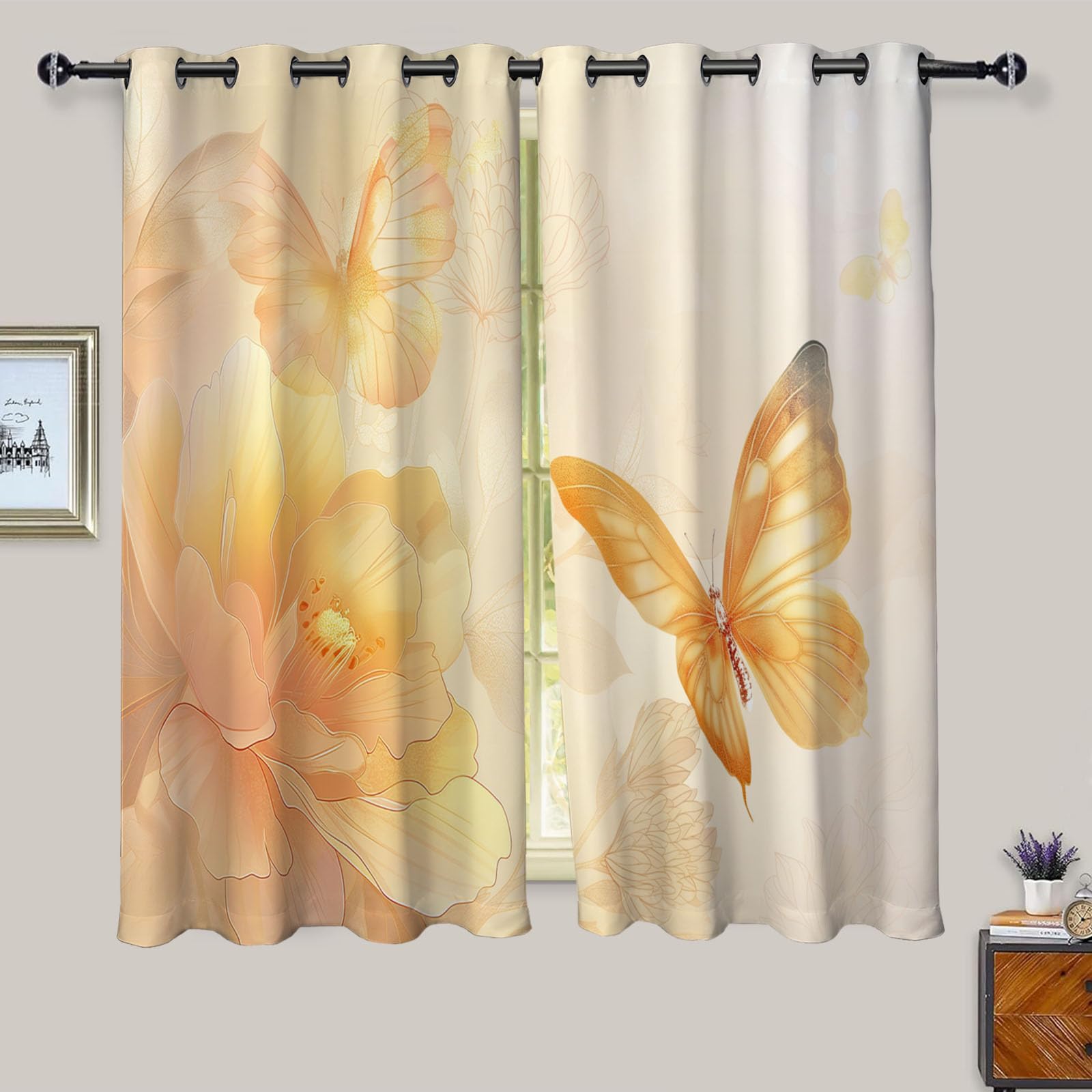 Rideaux occultants papillon fleuri jaune 132x158cm pour chambre