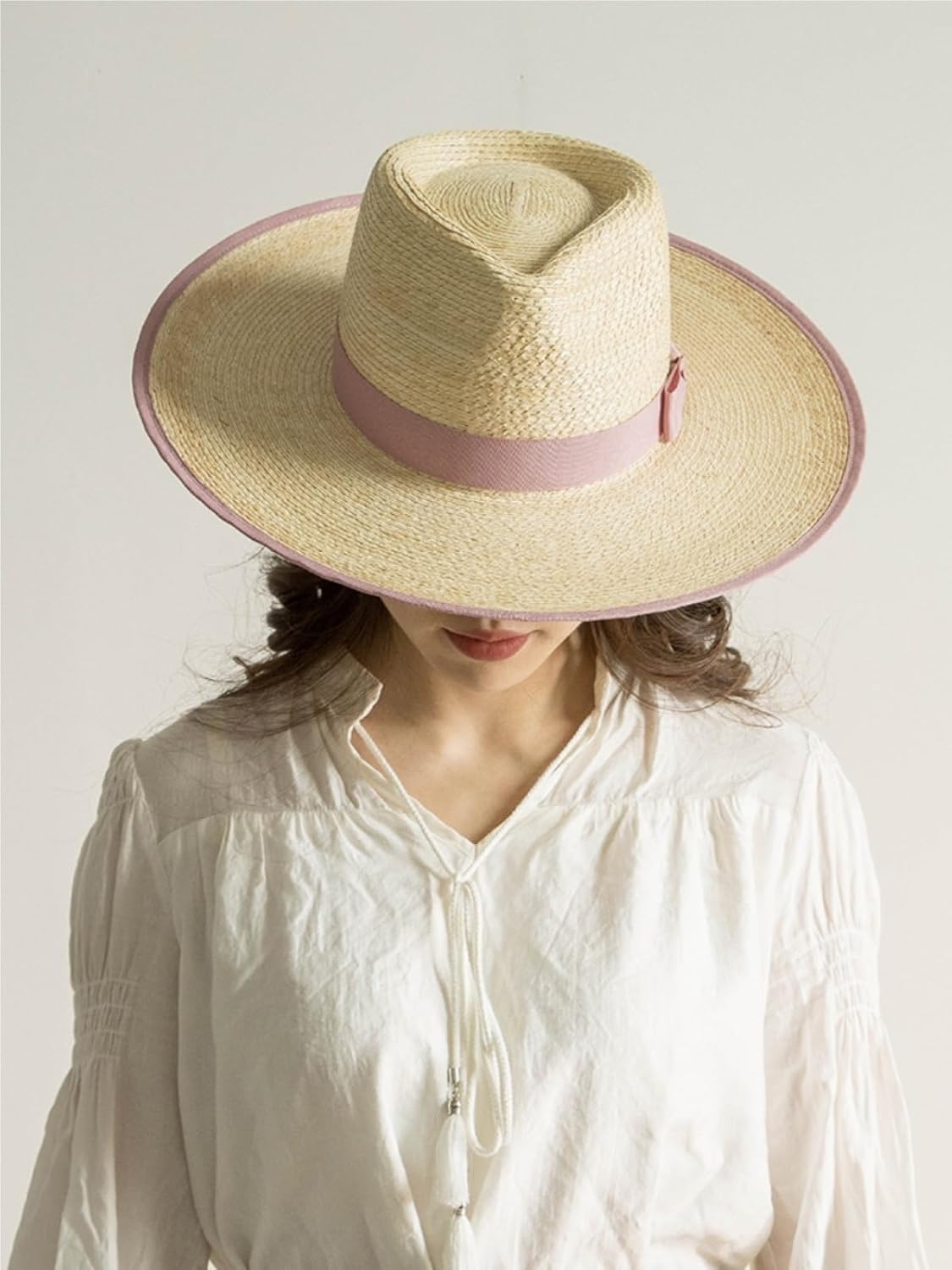 Women's Palm Leaf Straw Wide Brim Jazz Hat with Bowknot & Edge Binding – High Crown Sun Protection Beach Hat(Lotus Pink)