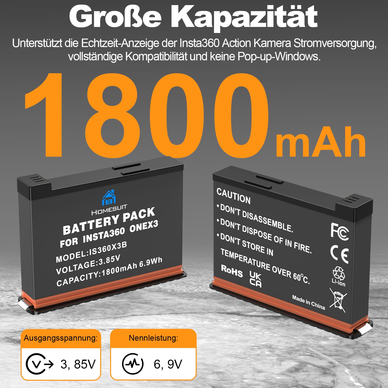 Homesuit Insta 360 X3 akumulator 1800mAh i zestaw ładowarki USB z diodami LED z gniazdkiem na karty pamięci Kompatybilny z kamerą Insta360 X3 Do 80 minut dodatkowego czasu nagrywania (2-pak)