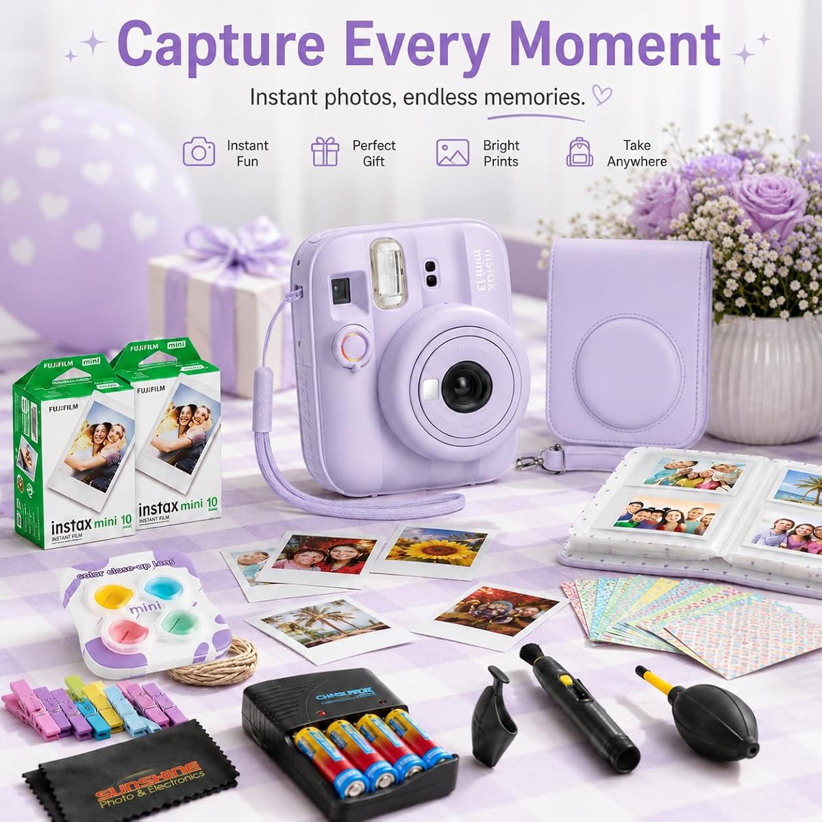 Paquete de cámara de película instantánea FUJIFILM instax Mini 13 (púrpura de ensueño) | Incluye estuche de transporte, 20 hojas de película, 4 pilas AA recargables, pegatinas, marcos de fotos, álbum de fotos, filtros de lentes y más