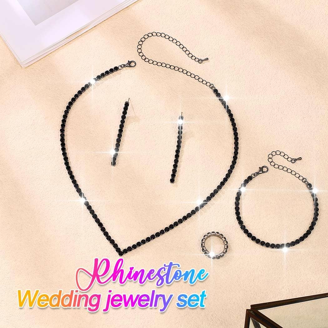 Aukmla Rhinestones Bridal Jewelry Set Sparkly Crystal Bride Wedding Necklace Earrings Bracelet Ring Sets Prom Jewelry for Women - Image 2