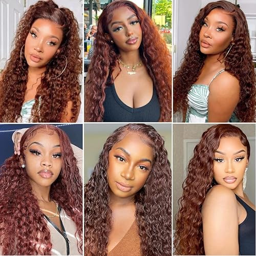 Miniatura 7 de Siyun Show Pelucas de cabello humano con encaje frontal de 13 x 4, color marrón rojizo y ondulado profundo, para mujeres negras, predepiladas, 26