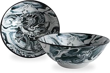 Mino ware Japanese Pottery Pair Ramen Noodle Donburi Bowl set of two made in Japan KND204 Dragon & Mt. Fuji Black