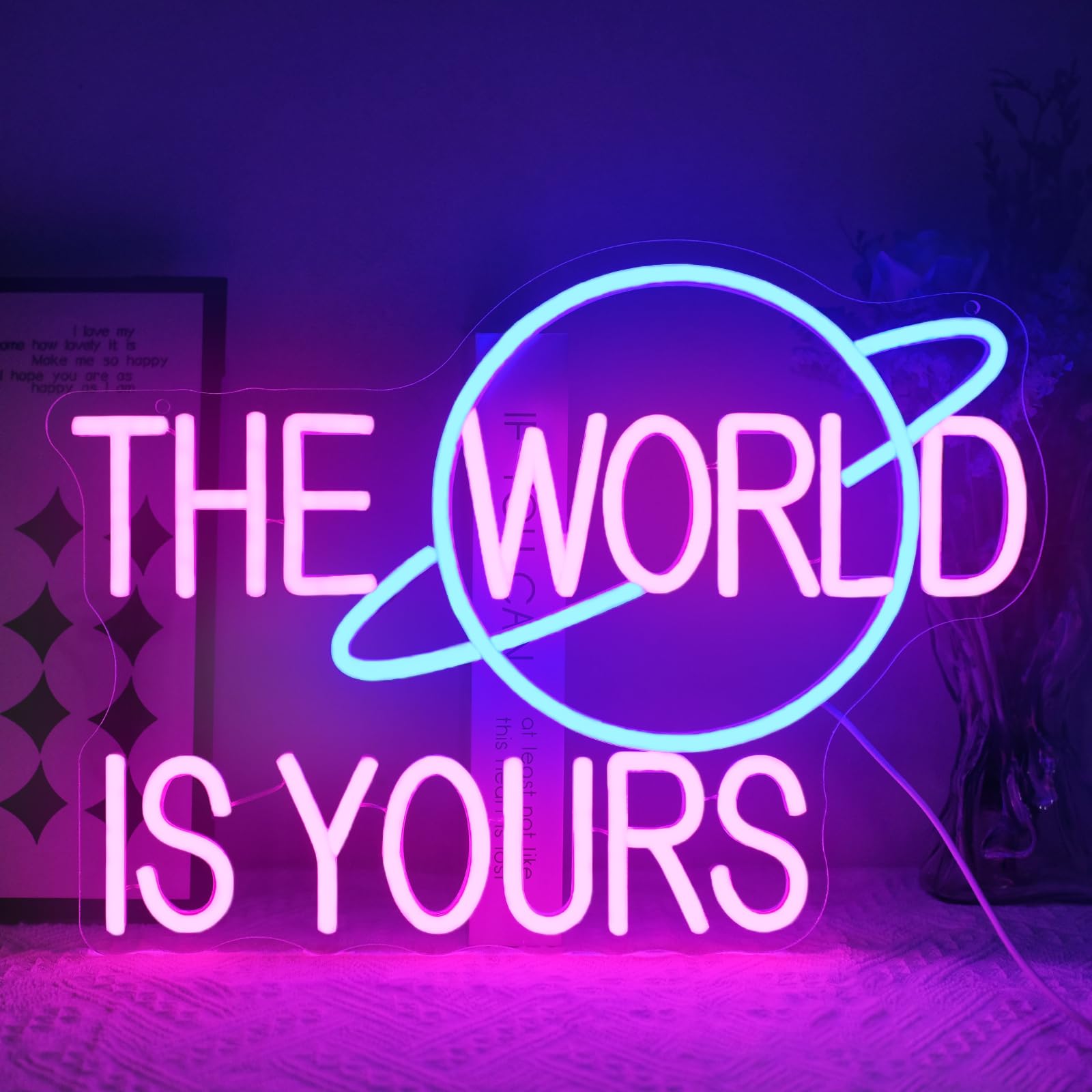 Virlusy The World is Yours Neon Sign for Wall Decor Dimmable Pink Led Lights Signs for Bedroom Letters Neon Light for Office Game Room Man Cave