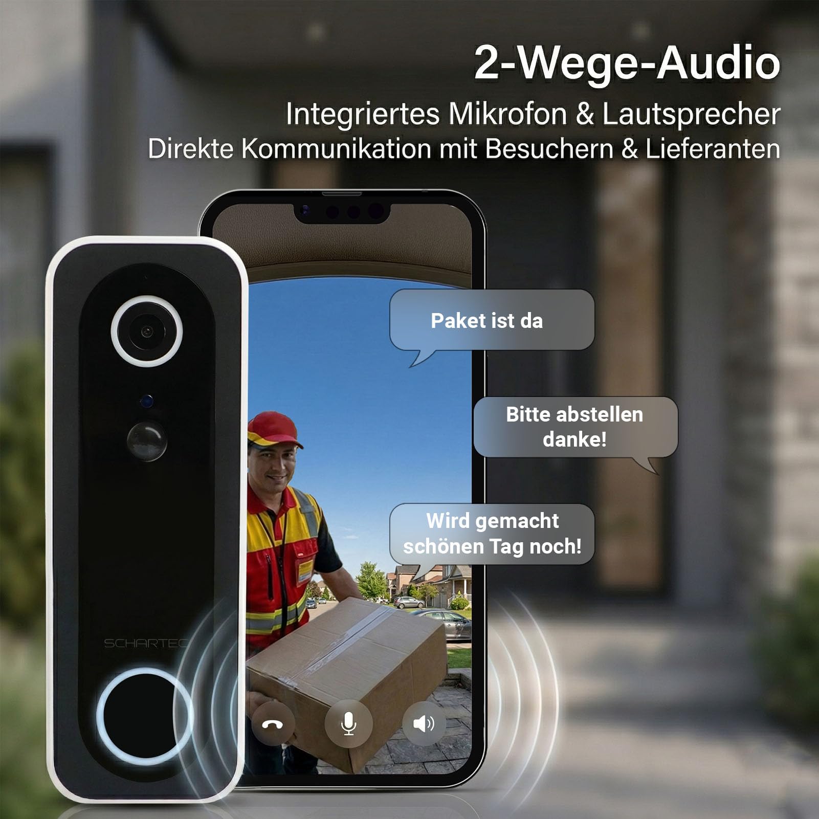 Schartec Smarte Video-Türklingel WLAN – 4MP Überwachungskamera Außen, Akku 5200mAh, PIR & Personenerkennung, 2-Wege-Audio, Nachtsicht 10m, Alexa & Google kompatibel