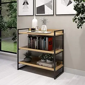 Estante Moderna Industrial, 3 Prateleiras, Estrutura em Metal Preto e Madeira, para Sala e Escritório