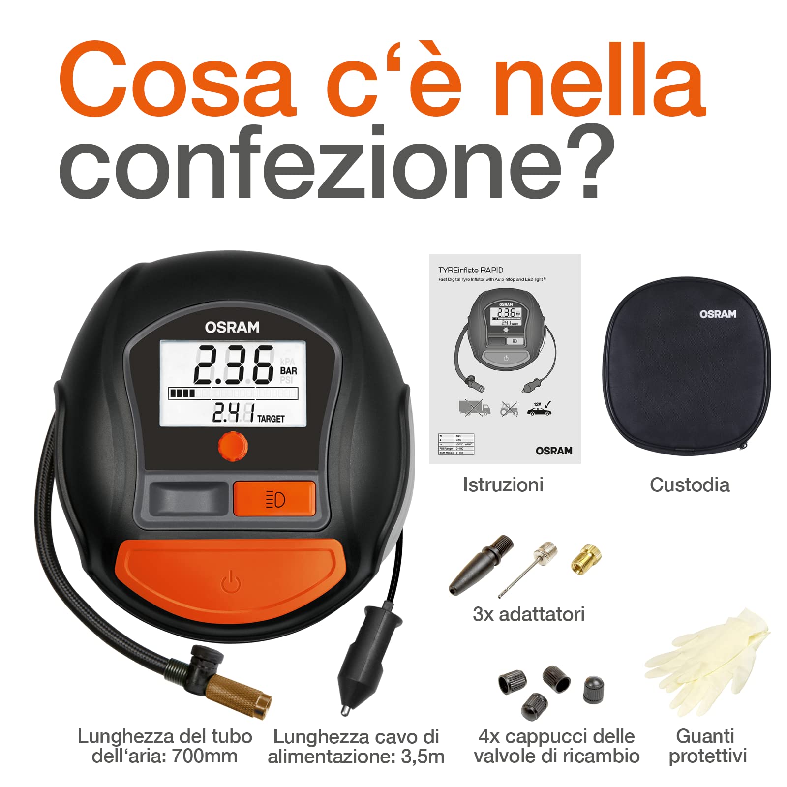 OSRAM TYREinflate RAPID, compressore d'aria digitale a 12 V, compressore portatile, autostop, luce LED, programmabile, pompa elettrica per pneumatici, collegamento 12V, gonfiaggio in 2 min