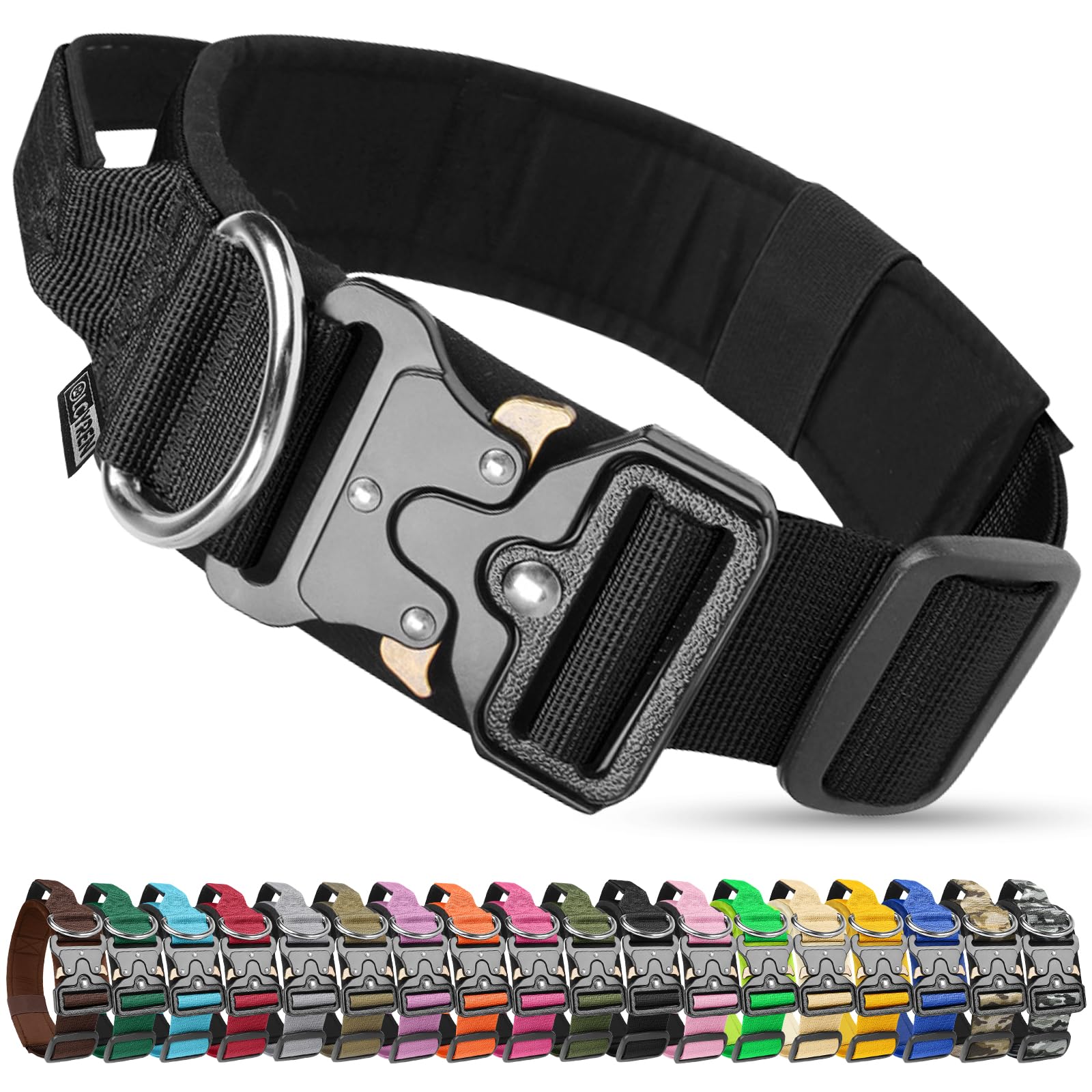 Olcyren Tactical Dog Collar, Military Nylon Adjustable Dog Collar with Handle, Soft Padded Comfortable Pet Collars with Heavy Duty Metal Buckle for Medium Large Dogs Training and Walking (Black, L)
