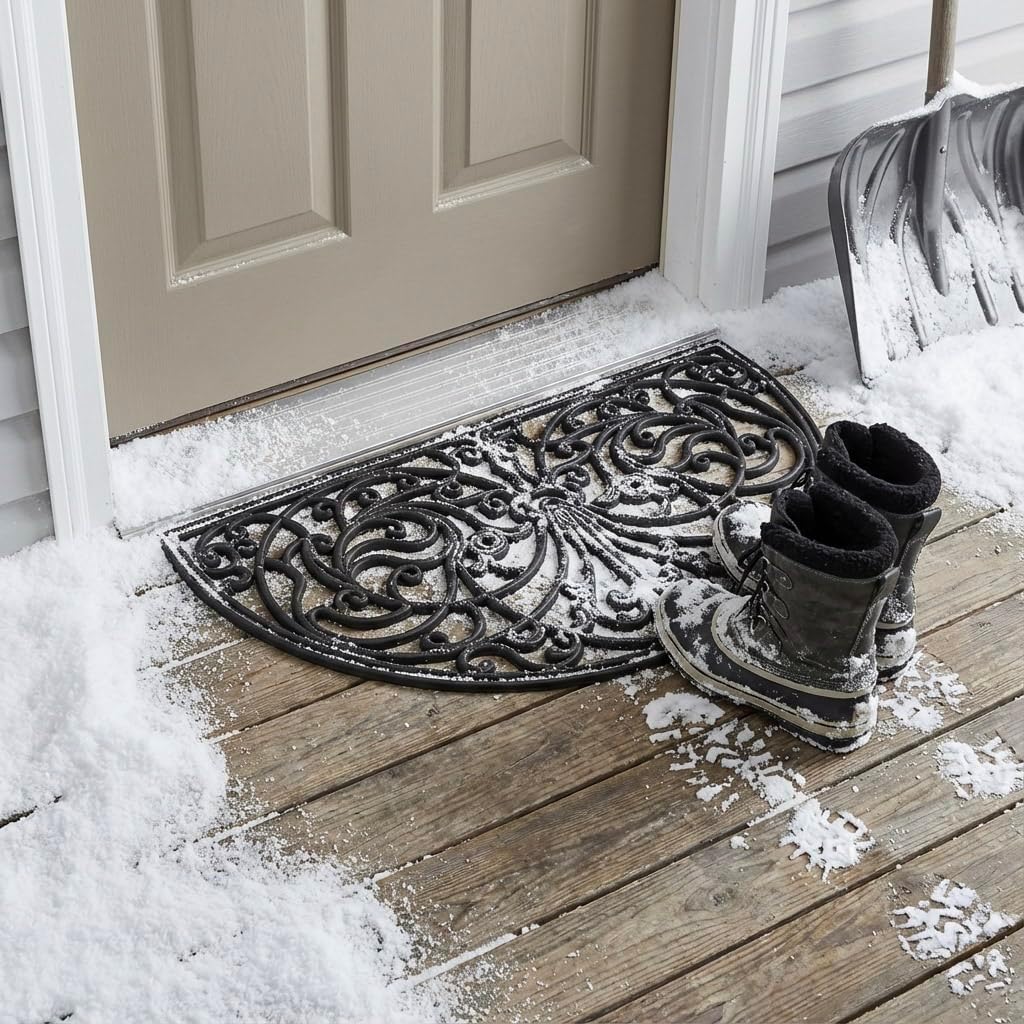 Kempf Rubber Scroll Doormat Half Moon Mat, Indoor Outdoor Entrance Mat, Low Clearance, Functional and Easy to Clean, Wrought Iron Scroll Design
