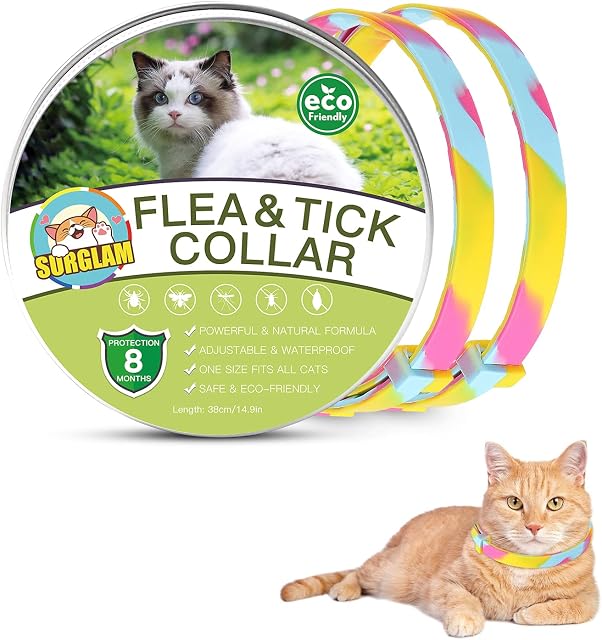Cat Flea and Tick Collar, Flea Treatment Cat 2 Pcs, 8 Months Effective Protection Waterproof Adjustable Cat Flea Collar Natural Safe Flea Tick Treatment for Kittens Cats Puppies Rianbow 15.7 In Long