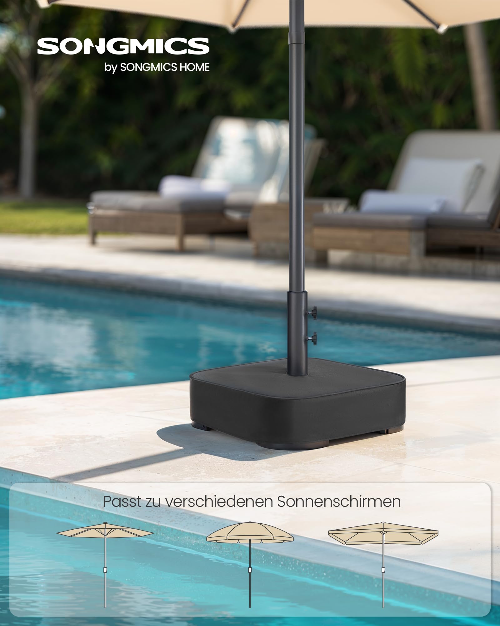 SONGMICS Sonnenschirmständer, Schirmständer, mit Sand befüllbar, Schirmhalter, für 1,5-3 m Sonnenschirm, Sonnenschirmfuß, mit 3 Reduzierringen, schwarz GUB0042B01
