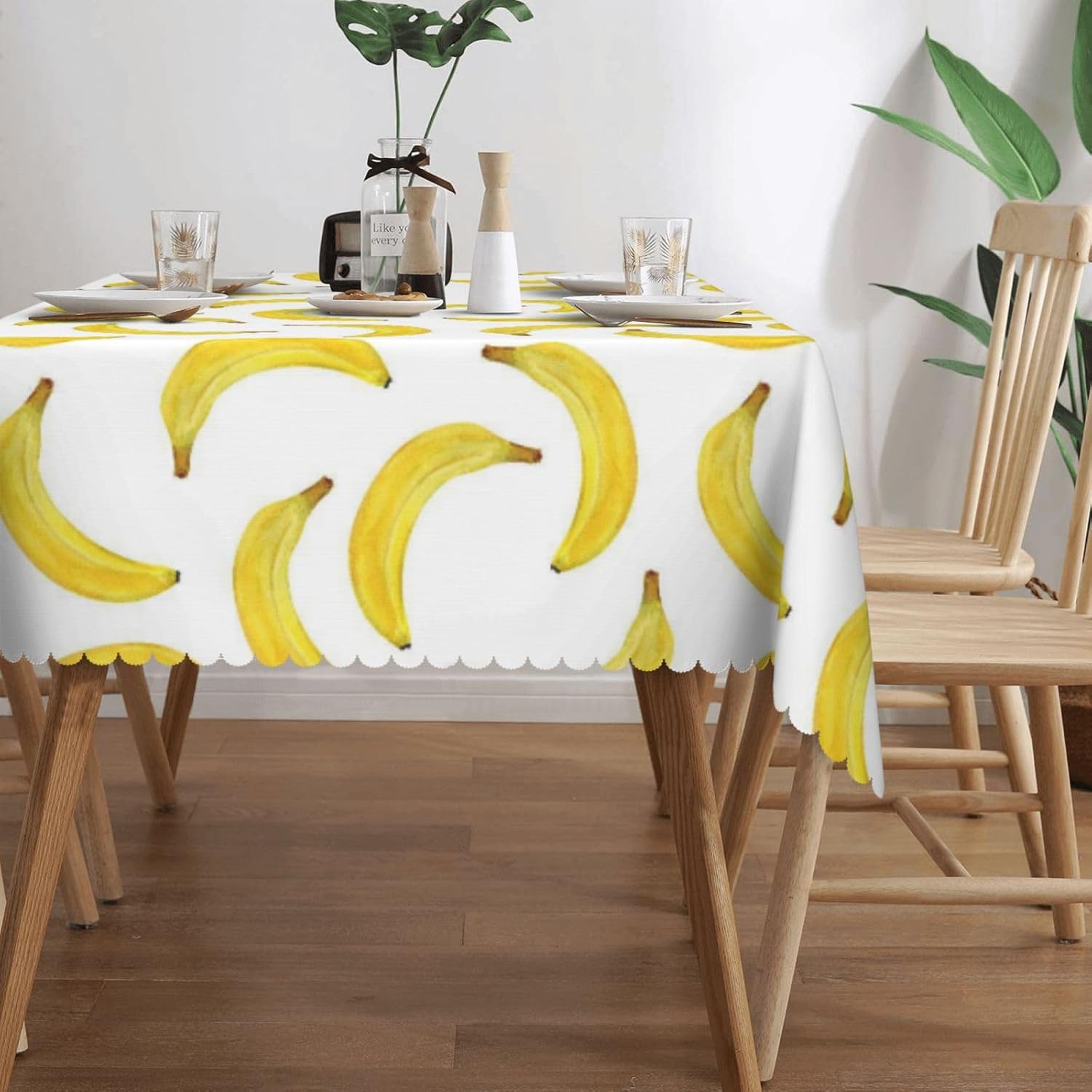 Banana Whole Watercolor Rectangular Tablecloth, Bananas Print 54x72 Inch Wavy Lace Border Polyester Table Cloth for Dining, Kitchen, Parties