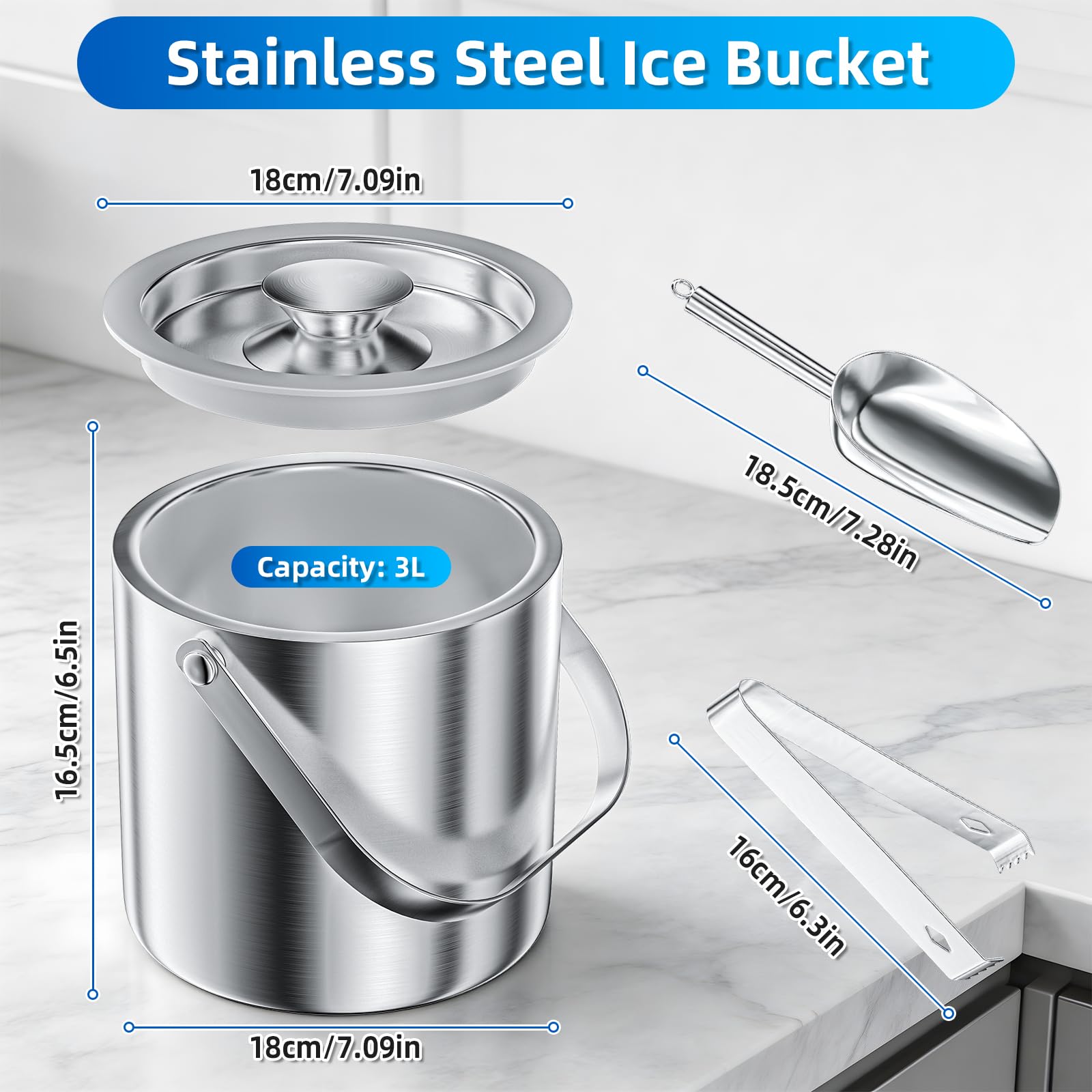 Secchiello per Ghiaccio 3L in Acciaio Inox a Doppia Parete, Set con Coperchio, Paletta e Pinze, Isolamento Termico, Ideale per Bar, Feste e Famiglie