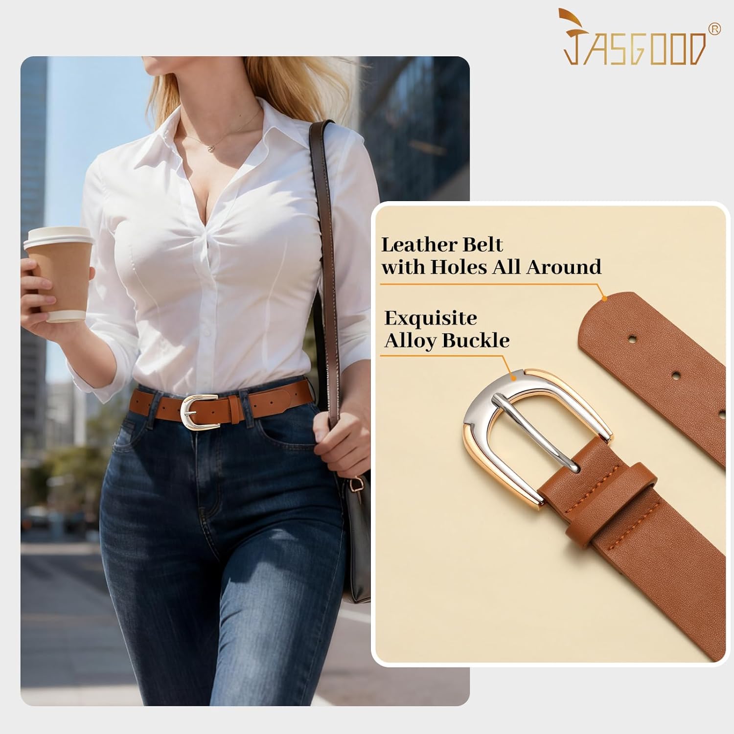 JASGOOD Leather Belts for Women Ladies Casual Belt for Jeans Pants Dresses with Gold and Silver Buckle - Image 2