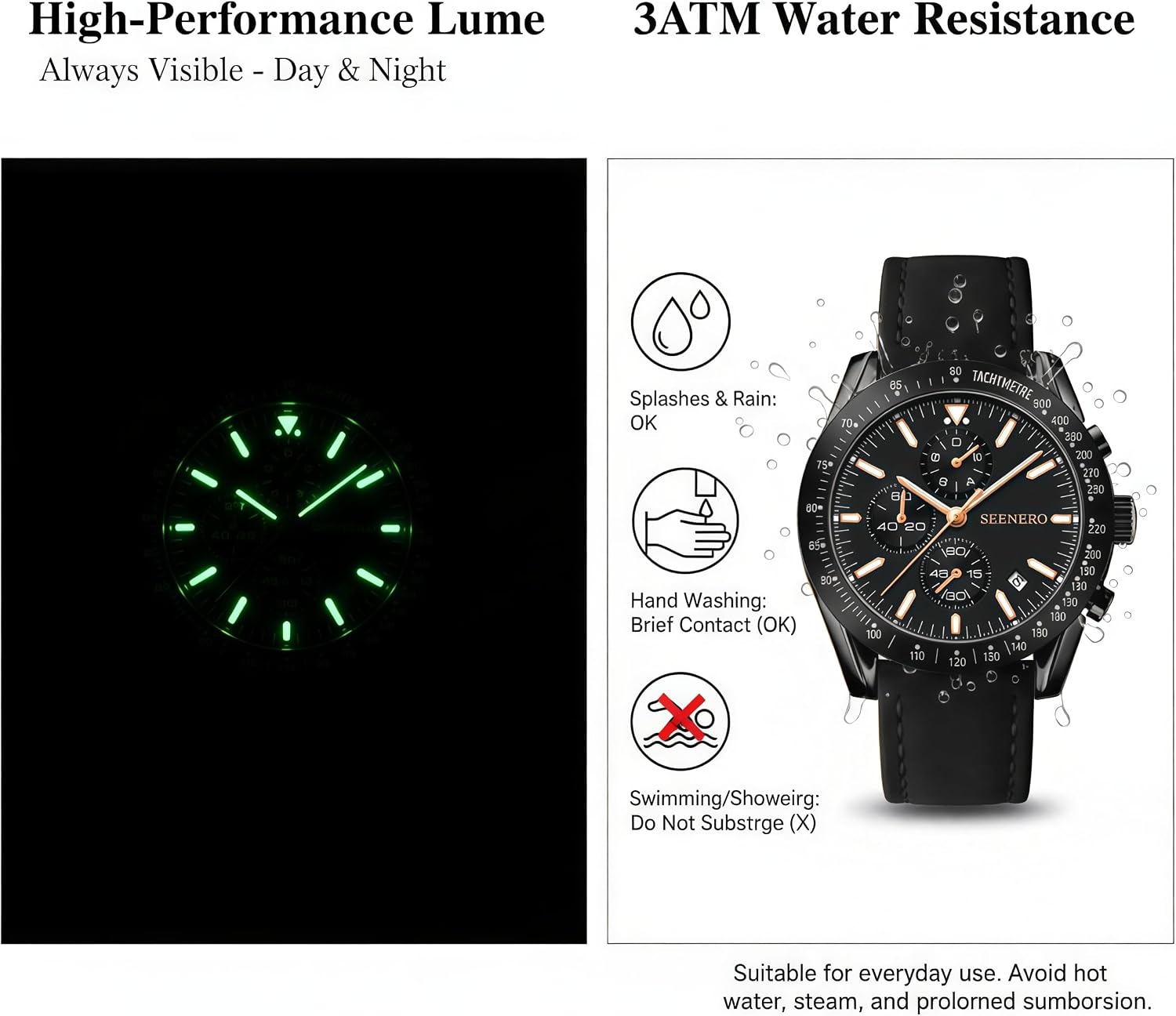 Men's Leather Band Chronograph Watch Big Face Luminous Analog Quartz Date - Work Waterproof Adjustable Strap Sport Casual Classical Fashion Designer Dress Wrist Watches & Elegant Gifts for Men