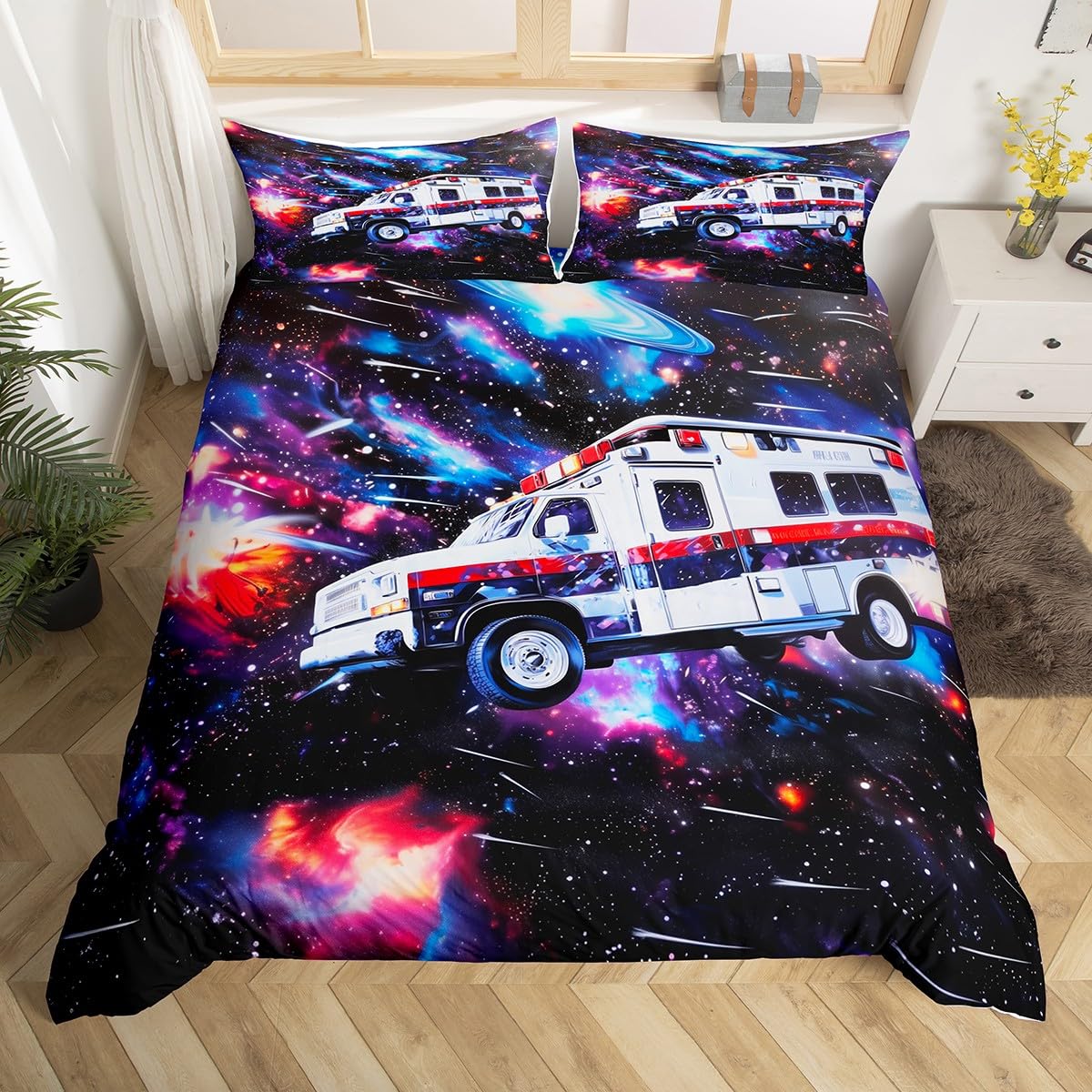 Homewish Ambulance Kids Comforter Cover Car Bedding Set Double For Boys Girls Bedroom Decor Emergency Responder Vehicles Duvet Cover Purple Galaxy Starry Sky Quilt Cover