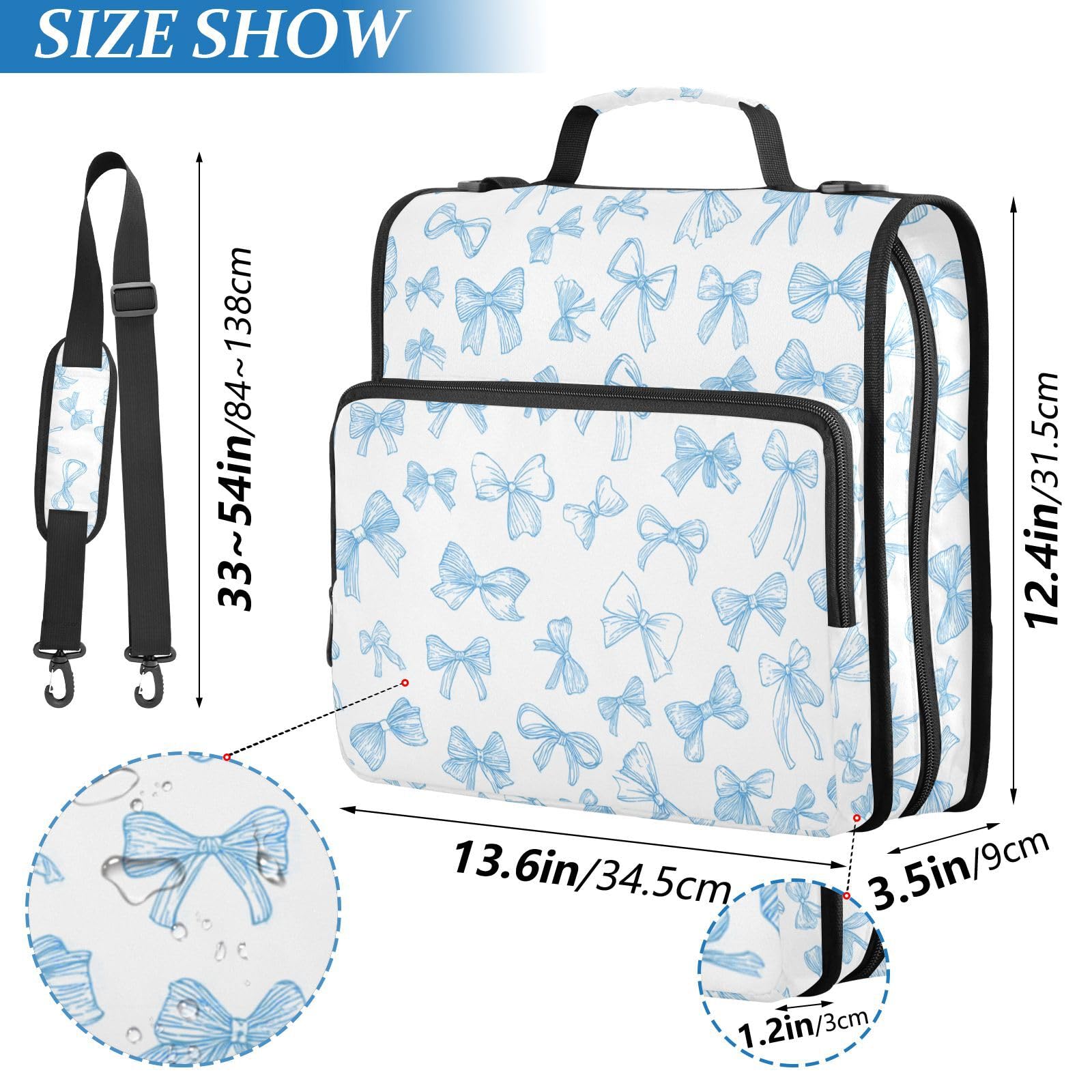 Aslsiy Raccoglitore con cerniera Coquette Nastro Blu 3,8 cm 3 Anelli Raccoglitore Organizzatore Fiocco Acquerello con Tracolla per Scuola Forniture per Ufficio