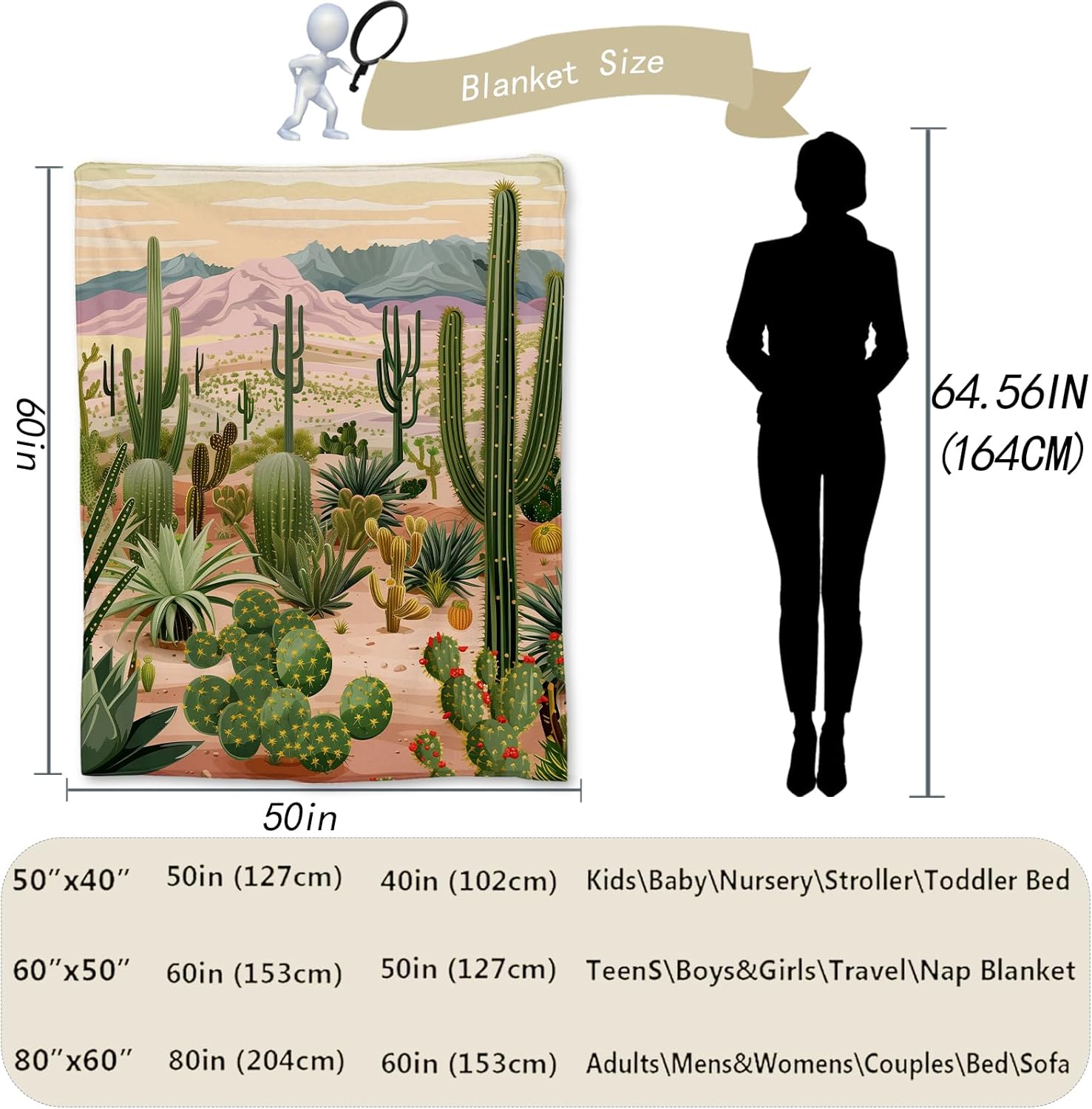 Cactus Blanket - Soft Cozy Lightweight Flannel Throw Blanket for Couch, Bed, Travel & Outdoor | Warm Fuzzy Blankets for Adults Kids Women Boys Girls 50×60 in - Image 3