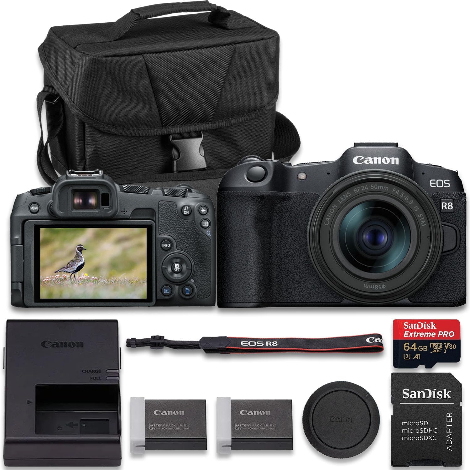 Canon EOS R8 Mirrorless Camera with RF 24-50mm f/4.5-6.3 is STM Lens + Extra LP-E17 Lithium-Ion Battery + SanDisk Extreme Pro 64GB + Camera Case + More (14pc Bundle)