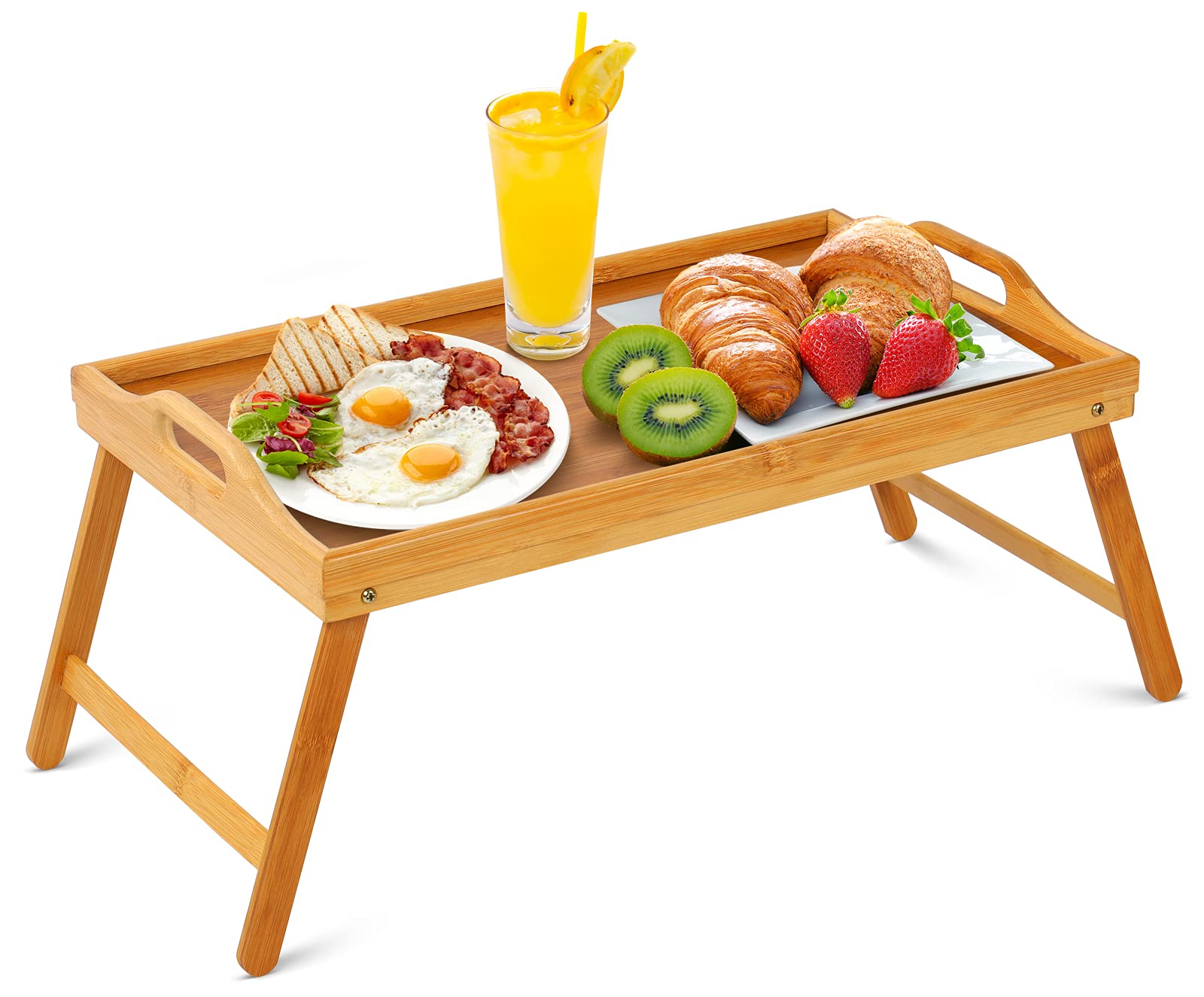 Vassoio per colazione in legno di bambù naturale, vassoio da portata con gambe pieghevoli e maniglie