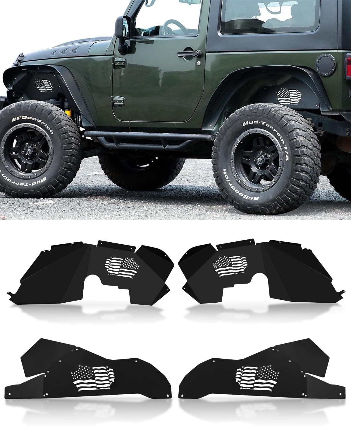 ROADER Front & Rear Inner Fender Liners US Flag Pattern Liner Compatible with 2007-2018 Jeep Wrangler JK JKU Unlimited Sport Sahara Rubicon 2/4 Doors