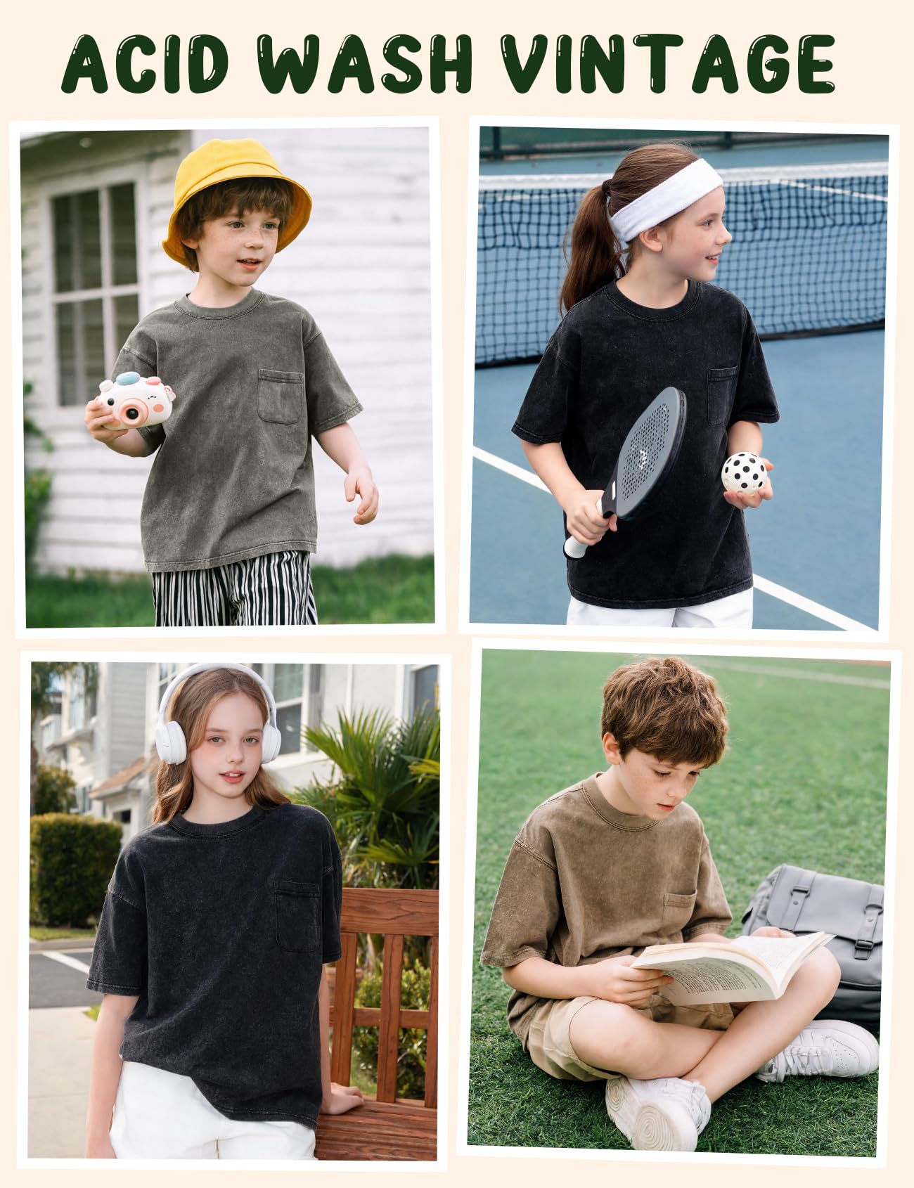 3er-Pack T-Shirts für Jungen und Mädchen, kurzärmelig, säuregewaschene Baumwolle, Kinder-T-Shirts, Sommer-Tops, T-Shirts für 5–14 Jahre