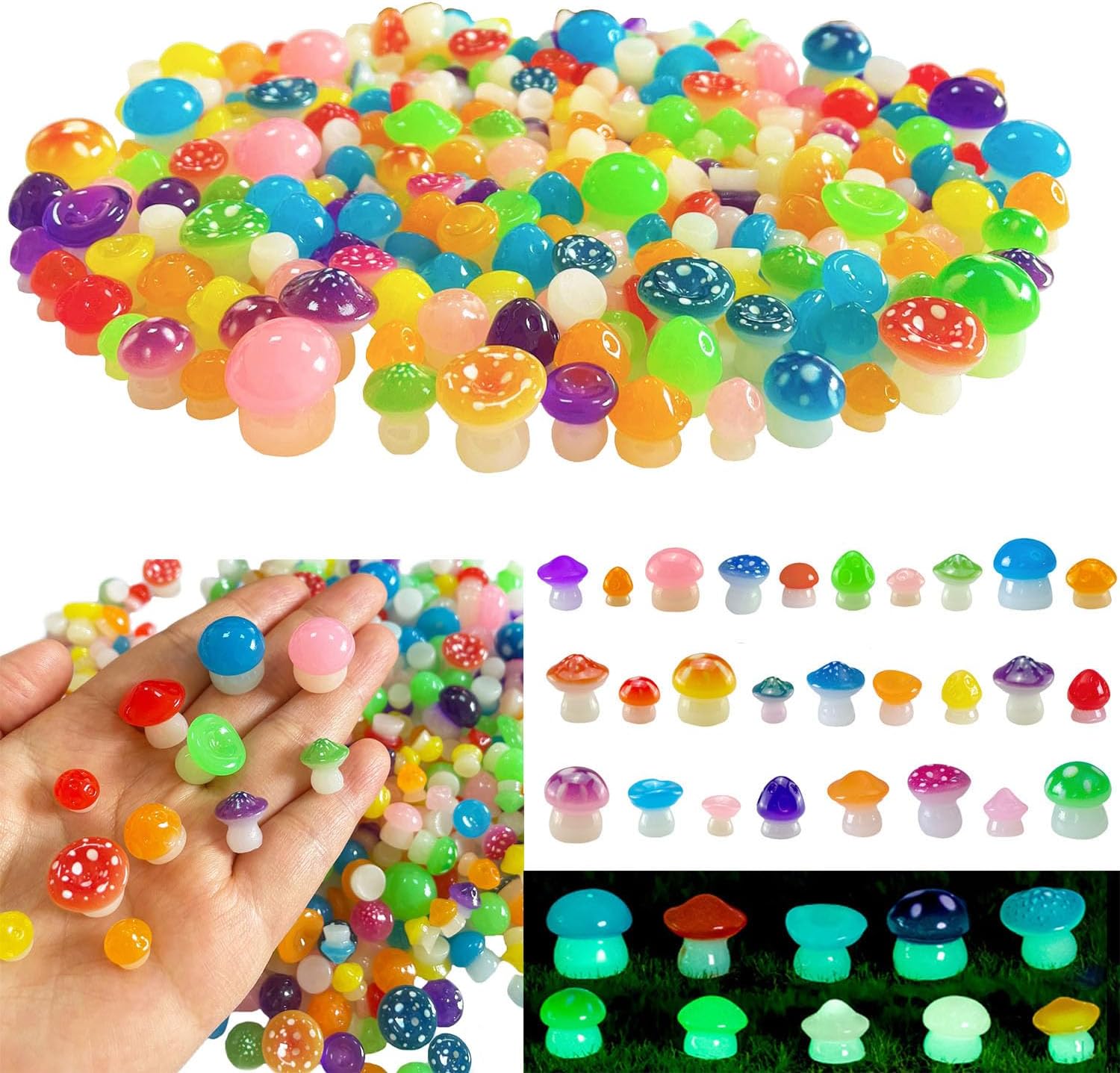 160 Pcs Various Mini Mushroom Figurines Luminous Glow in The Dark,Luminous Tiny Mushrooms for Lawn Garden Micro Landscape Decoration,18 Styles - Amazon product rated Grade D
