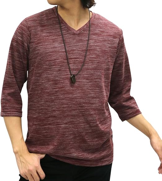 Amazon Co Jp オーバルダイス Tシャツ ネックレス 付き セット 7分袖 ｖネック メンズ ワイン2 M ファッション
