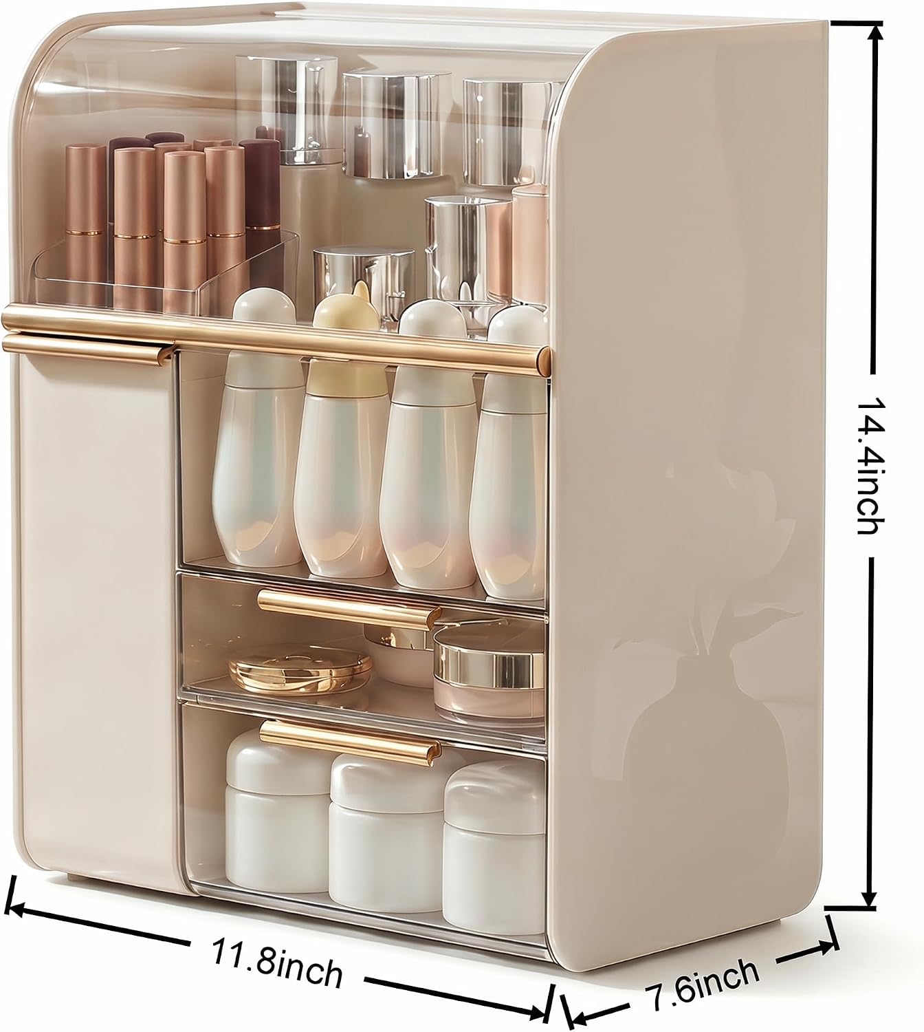 Large Cosmetic Display Case with Brush Holder,Holds 40+ Skincare & Beauty Essentials,6 Compartments & 2Drawers,Acrylic Makeup Dustproof Transparent Design