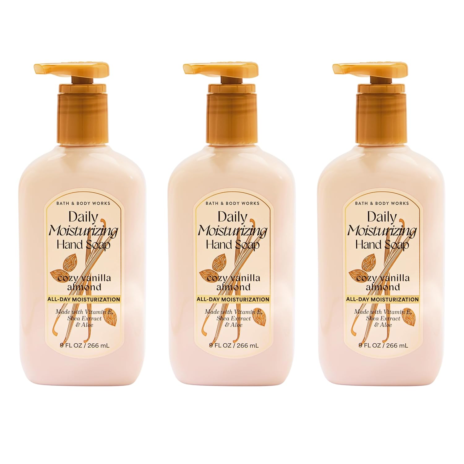 Bath & Body Works Cozy Vanilla Almond Daily Moisturizing Hand Soap - Rich Creamy Formula for Gentle Cleansing & Conditioning - Shea, Glycerin, Vitamin E & Aloe-Infused - Thoughtful Gift - 3-Pack