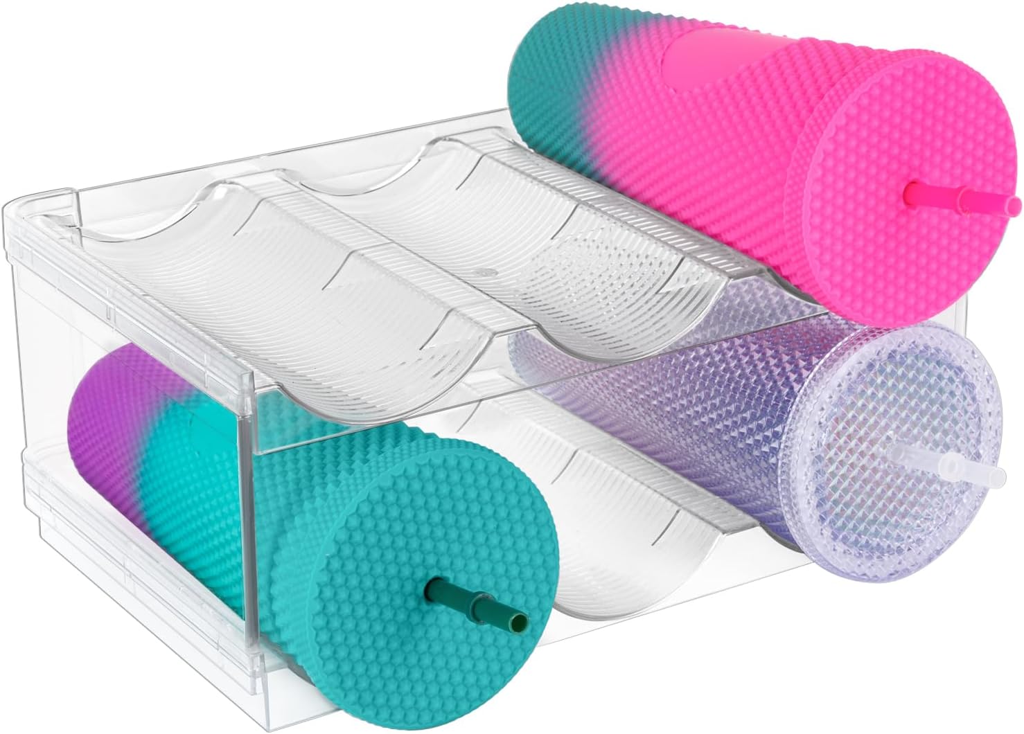 Stackable Water Bottle Organizer for Cabinet, Plastic Bottle Holder Designed for Starbucks Studded Tumblers up to 40oz, Plastic Cup Holder&Wine Rack for Pantry,Cupboard- 4 Layers Hold 12 Bottles