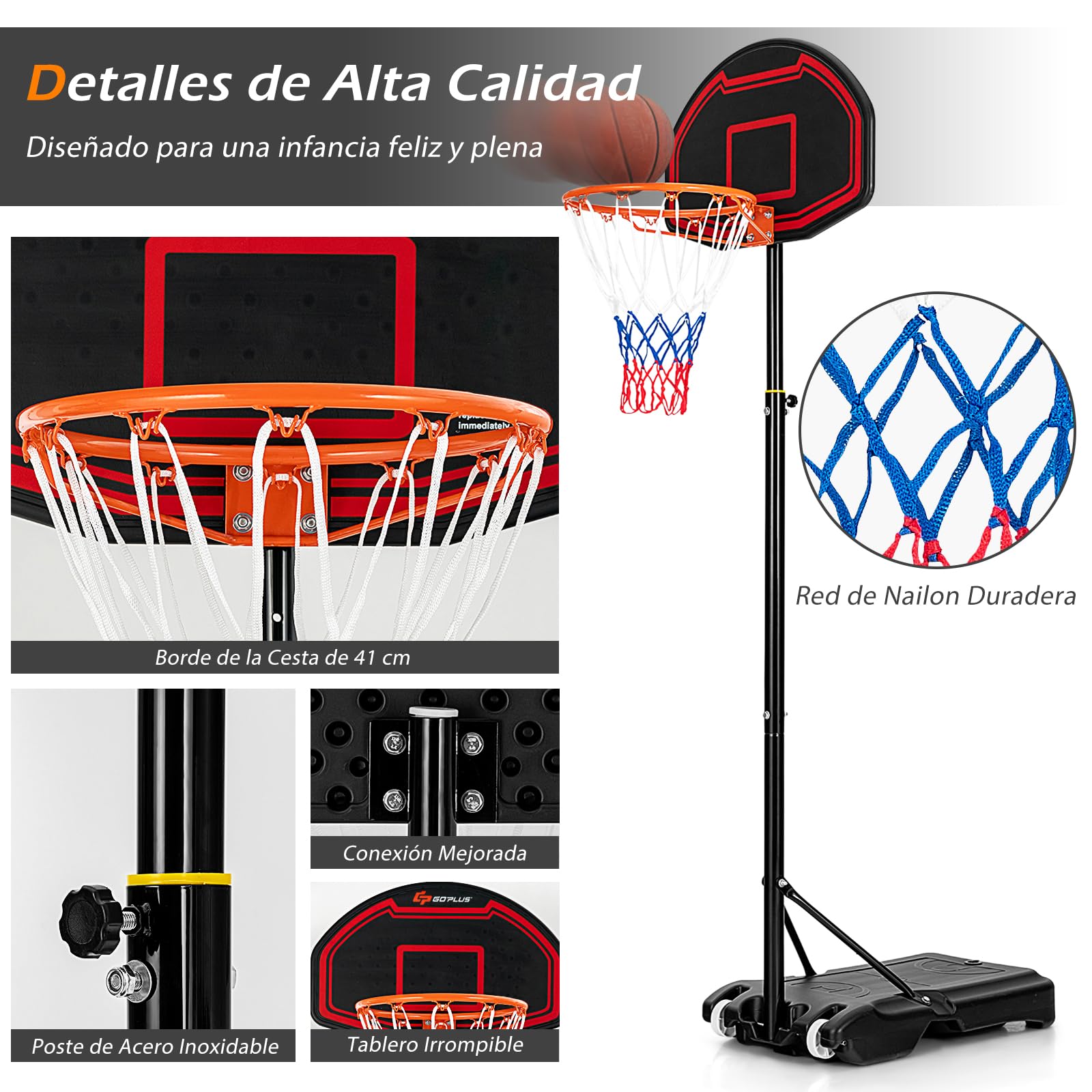 GYMAX Canasta de Baloncesto de 155 a 210 cm, Altura Ajustable con Red y Pared Trasera Irrompible, Cesta de Baloncesto Infantil con Base Rellenable y 2 Ruedas para Interior y Exterior