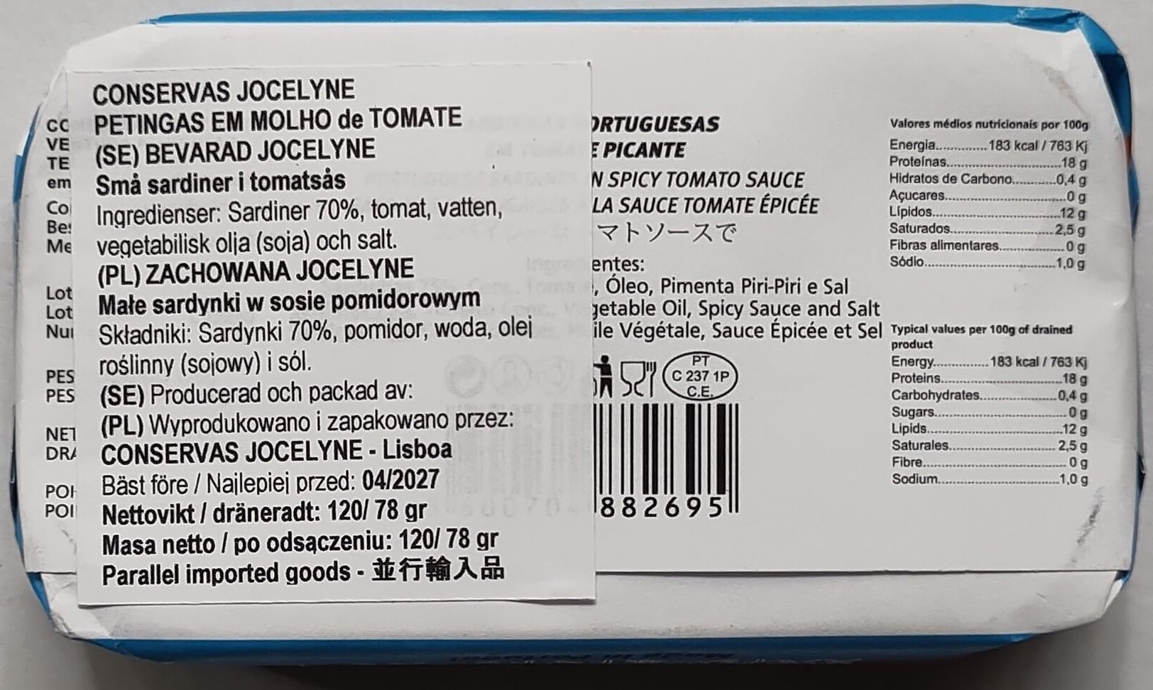 Conservas Jocelyne - Sardinas enteras enlatadas en salsa de tomate picante (Lugares emblemáticos de LISBOA) - 4.23oz / 120gr (paquete de 5 latas)