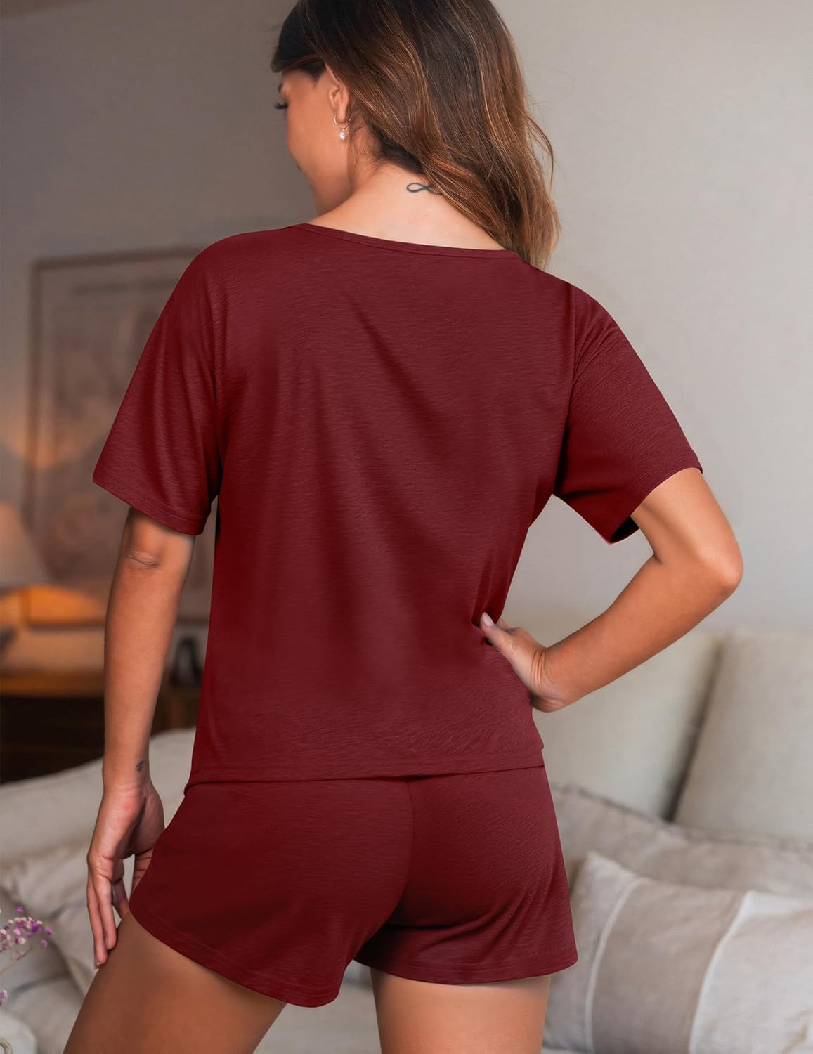 Womens Pajama Sets Soft Lounge Sets Crew Neck Wine Red Pajamas Comfy Lightweight Casual Stretchy Elastic Waist with Drawstring(Wine Red,M) - Image 7