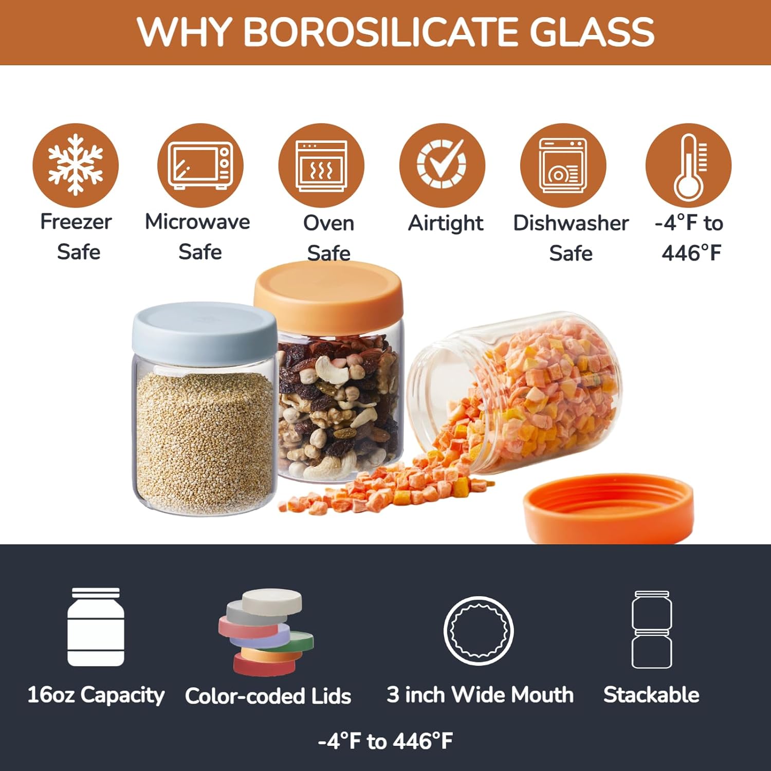 Premium 16oz Borosilicate Glass Meal Prep Jars (6 Pack) with Airtight Lids - Freezer Safe to -20°C, Oven Safe to 230°C - Perfect for Parfaits, Frozen Yogurt, Overnight Oats & Soups