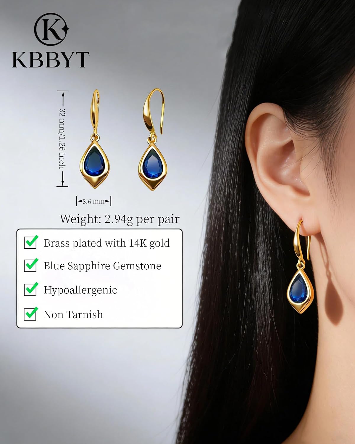 14K Gold Plated Teardrop Dangle Earrings for Women Brass Base with Sapphire Blue Cubic Zirconia Hypoallergenic Lightweight Drop Earrings for Special Occasions