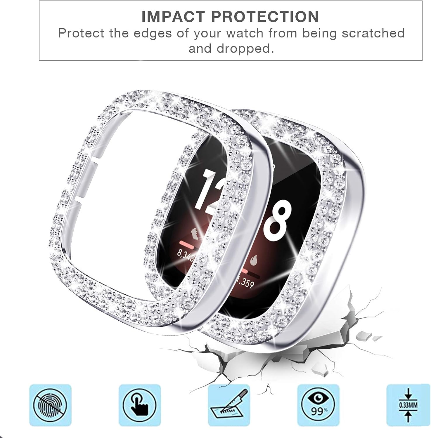 [2Pack] Tensea Compatible for Fitbit Versa 3 Fitbit Sense Bling Protector Case, Versa3 / Sense Accessories Hard PC Diamond Frame Cover Bumper for Women (Black/Silver)