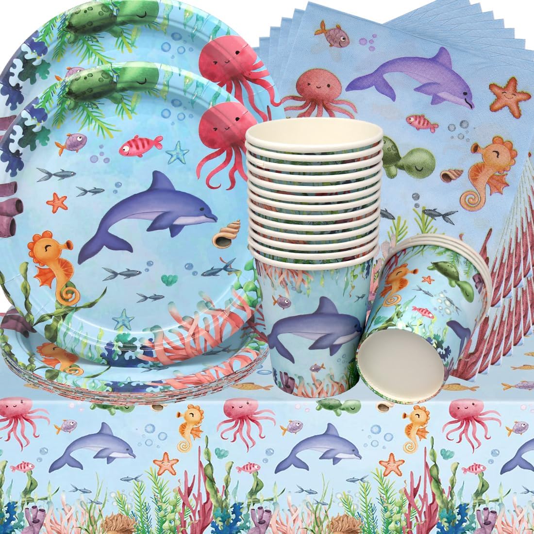 Vajilla de Cumpleaños de Animales del Océano,Doyomtoy 53 piezas Decoración de Mesa de Cumpleaños Océano Platos Cumpleaños Servilletas Vasos para Fiesta de Cumpleaños para Niños