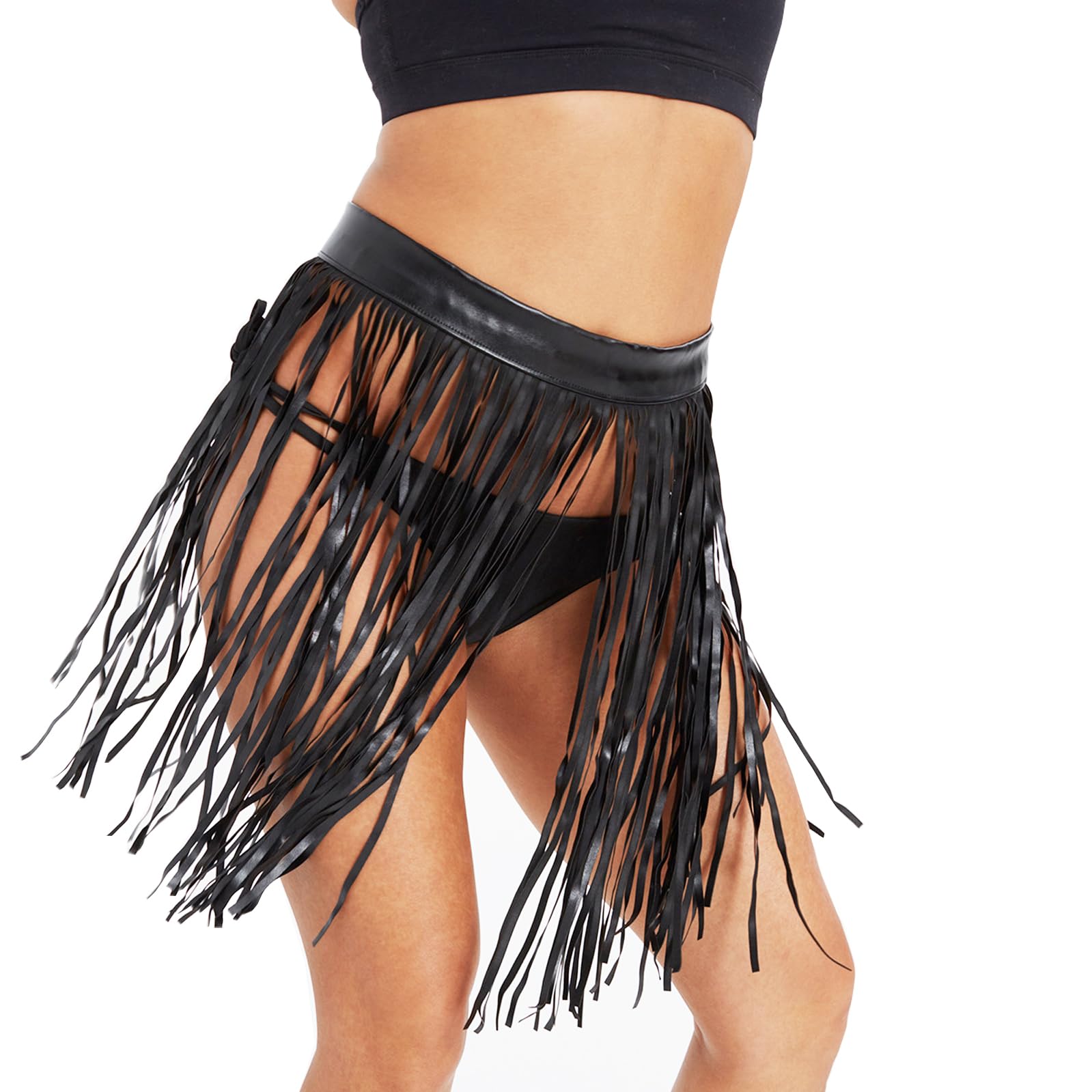 ZUYPSK Kunstlederen band voor dames, franjes, kwastjes, rok, hippie, boho, hoge taille, verstelbare dubbele tailleriem, rok, clubwear, zwart, 44
